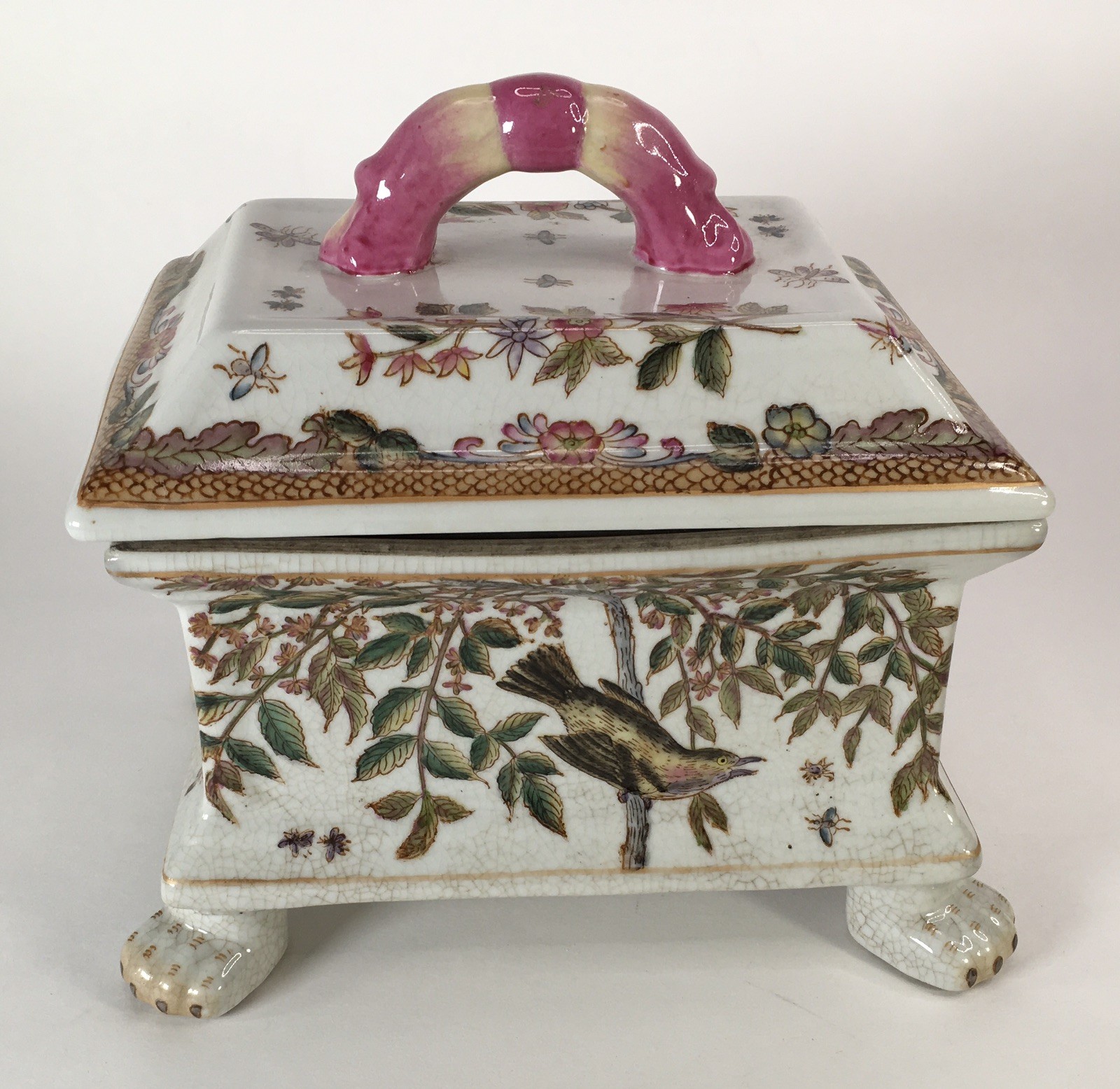 Vintage Hua Ping Tang Zhi Porcelain Chinese Bird Trinket Box Hand Painted