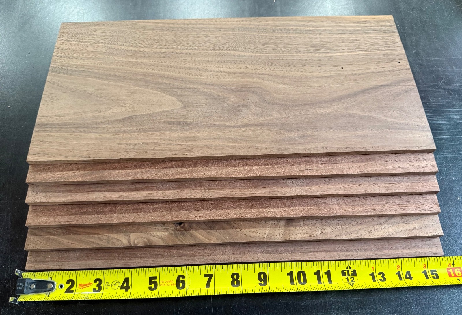 6 pieces 16”x 6” x 1/4” walnut lumber board pieces surfaced to 1/4” thick