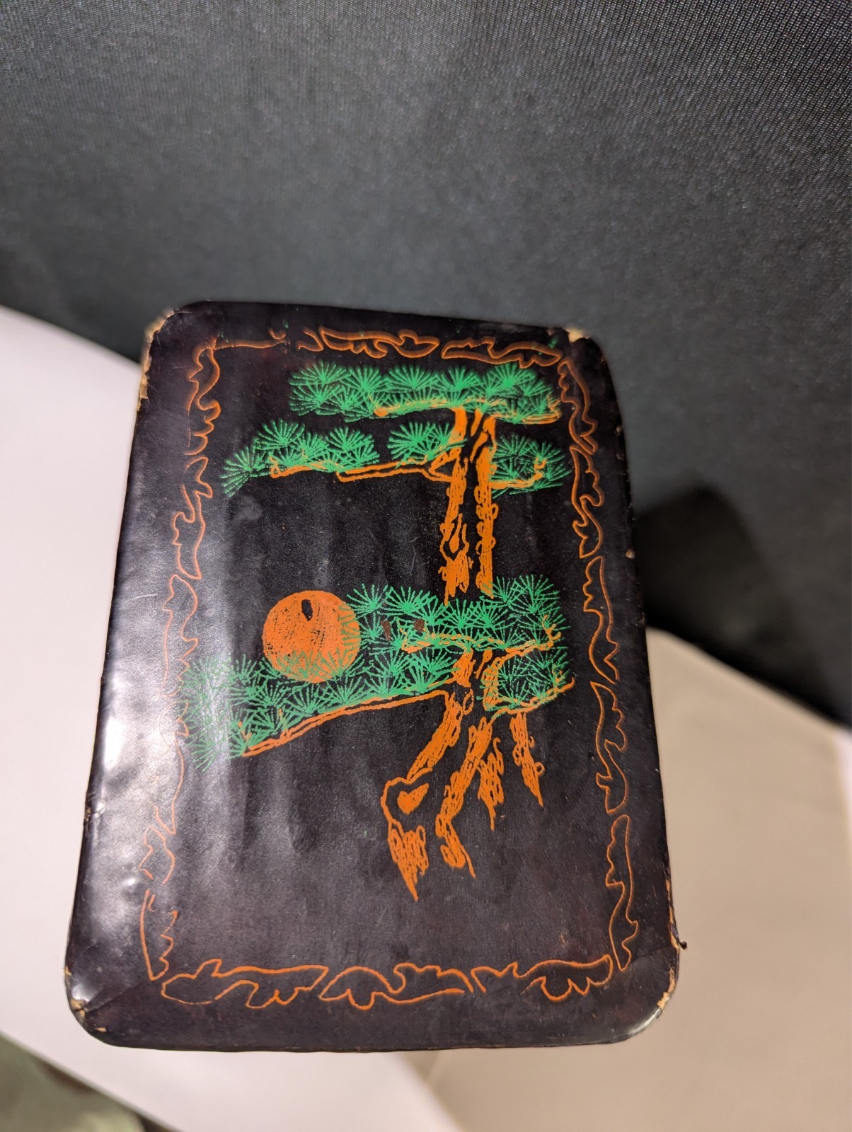 ANTIQUE CHINESE BLACK LACQUERED LEATHER OPIUM PILLOW GEISHA ASIAN DECOR TREES