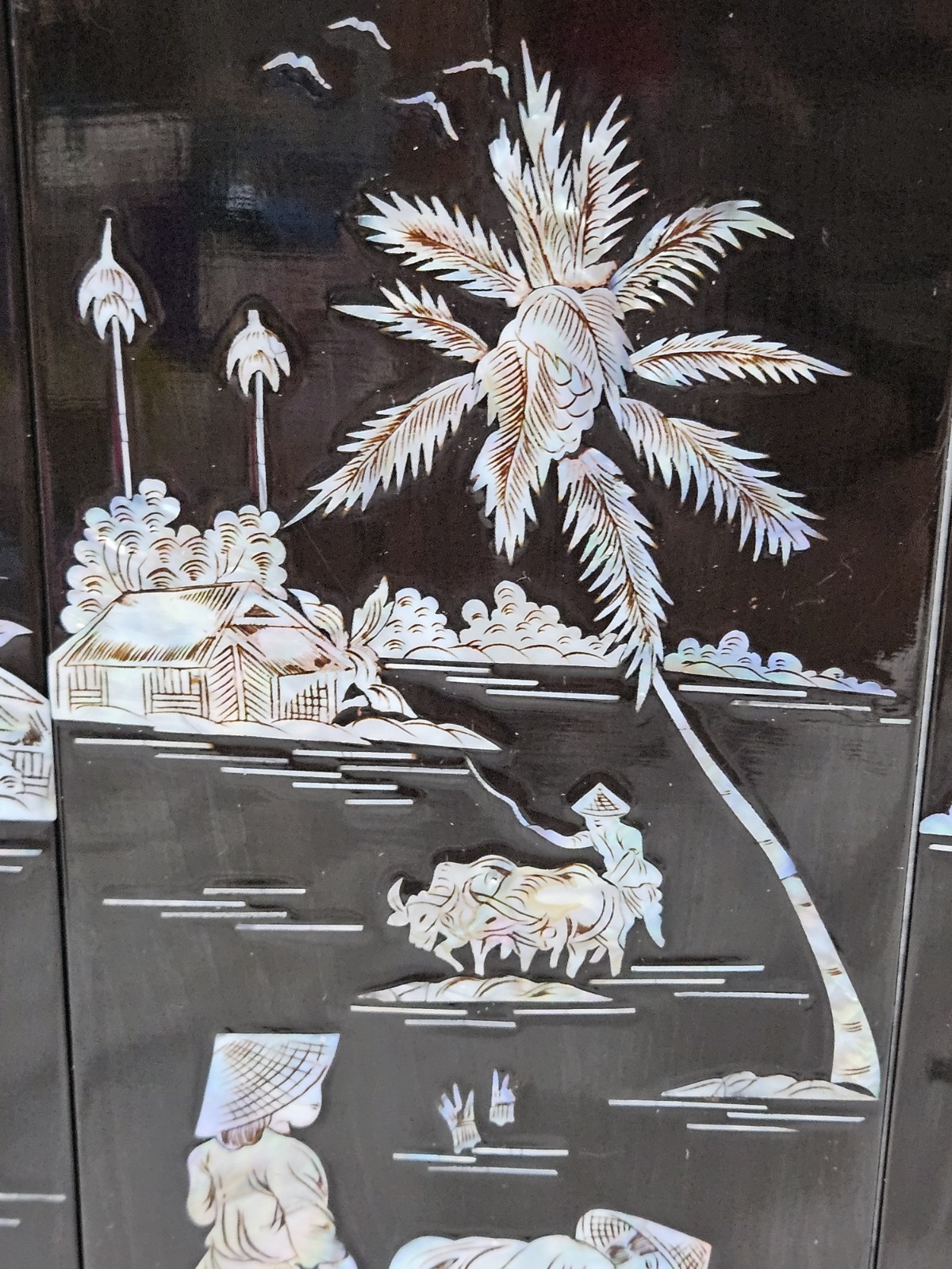 Vintage Asian Black Lacquer Mother of Pearl Inlay Wall Panels Set of 4