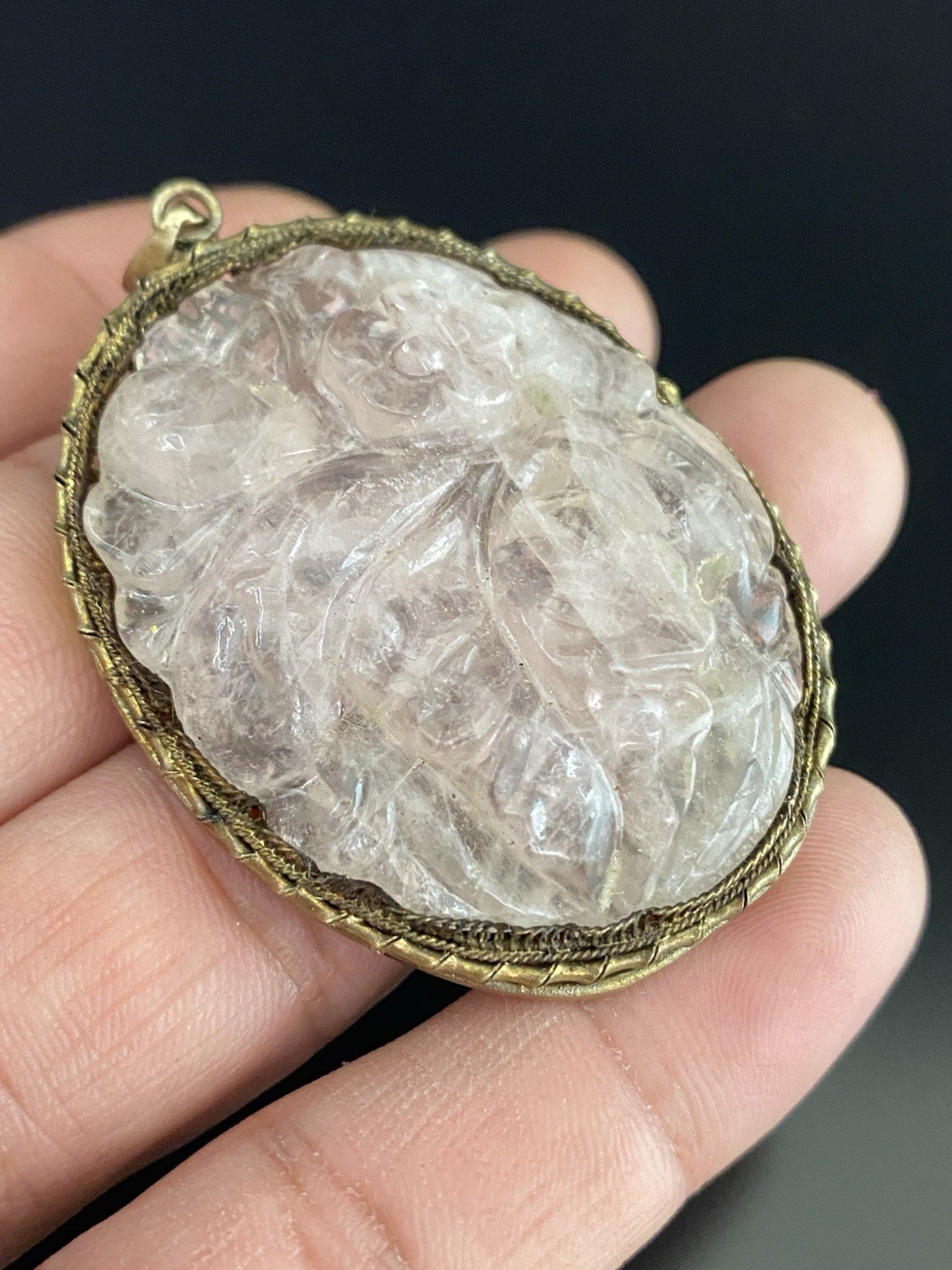 Chinese VTG Carved Pink Quartz Large Oval Intricate Sterling Filigree Pendant