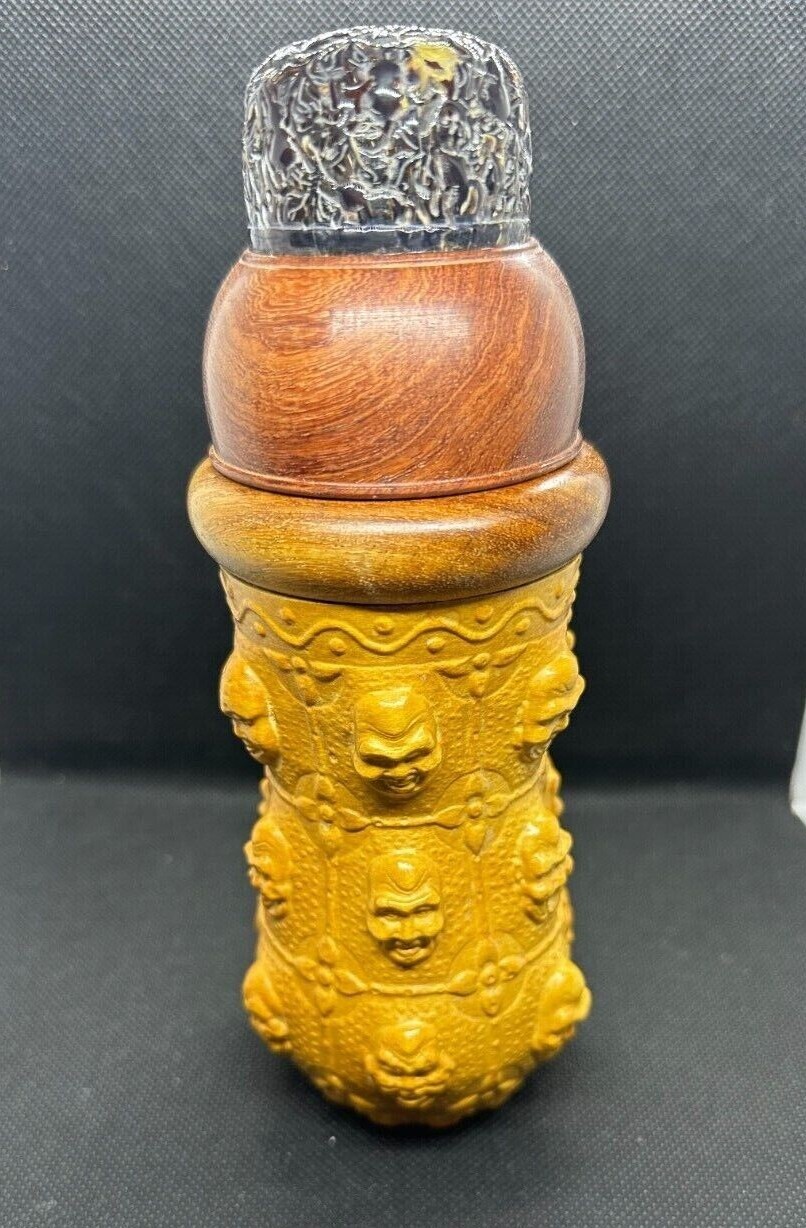 Rare Design Classic Chinese Monk Faces Cricket Container w/Special Carved Cover