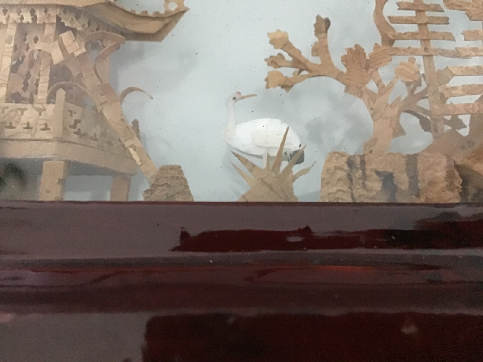 VINTAGE-FUJIAN HAND CARVED CORK DIORAMA ART GLASS WOOD FRAMED PICTURE