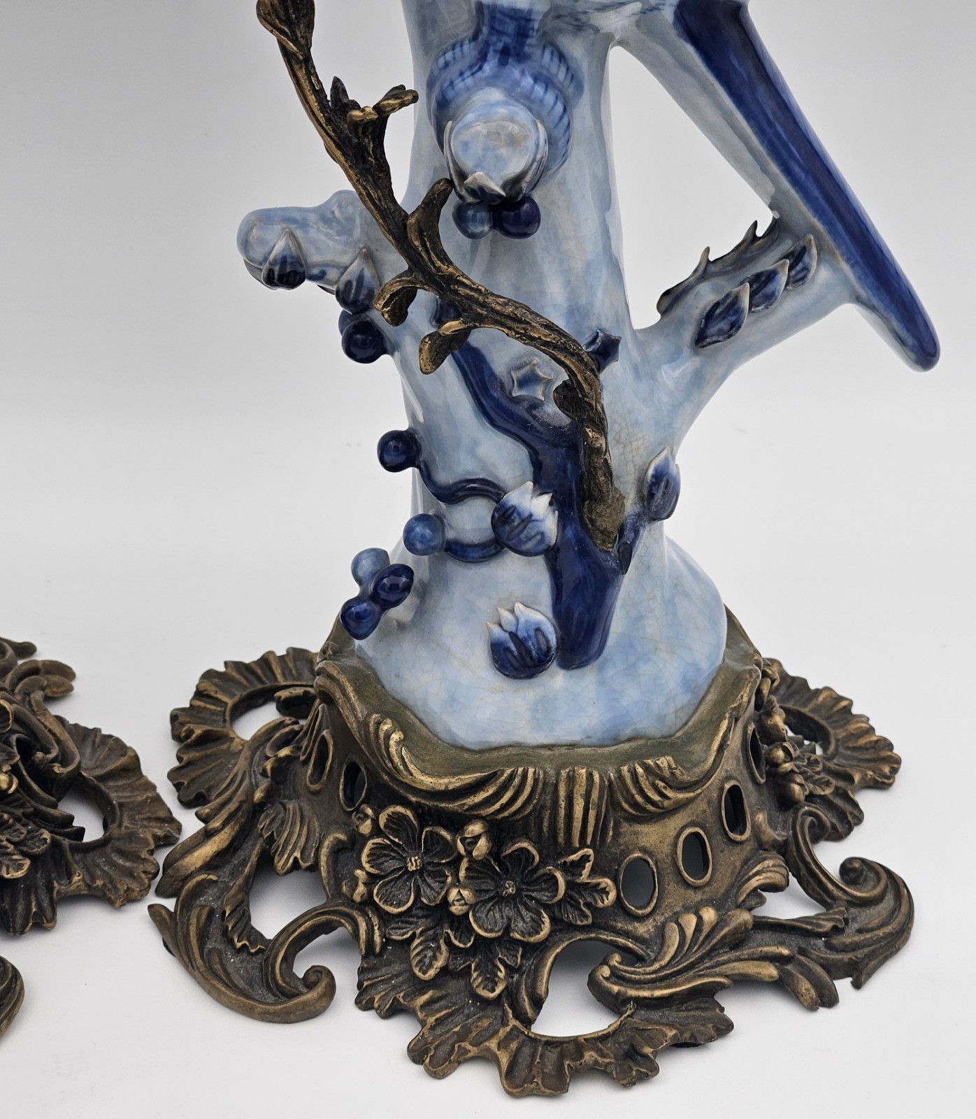 Antique Chinese Bird HOLLYWOOD REGENCY Blue Birds Brass Candle Holders 14″