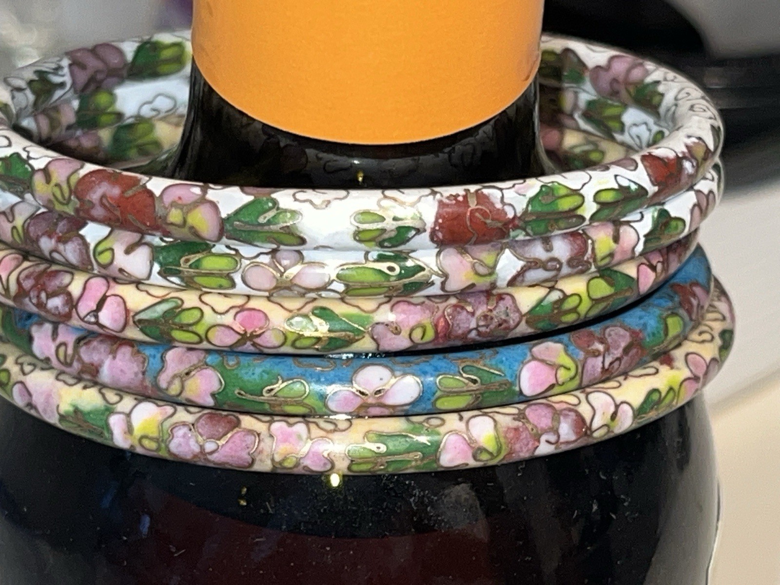 (9) Vintage c. 1987 Chinese Cloisonné Bangle Bracelets Floral Multicolor