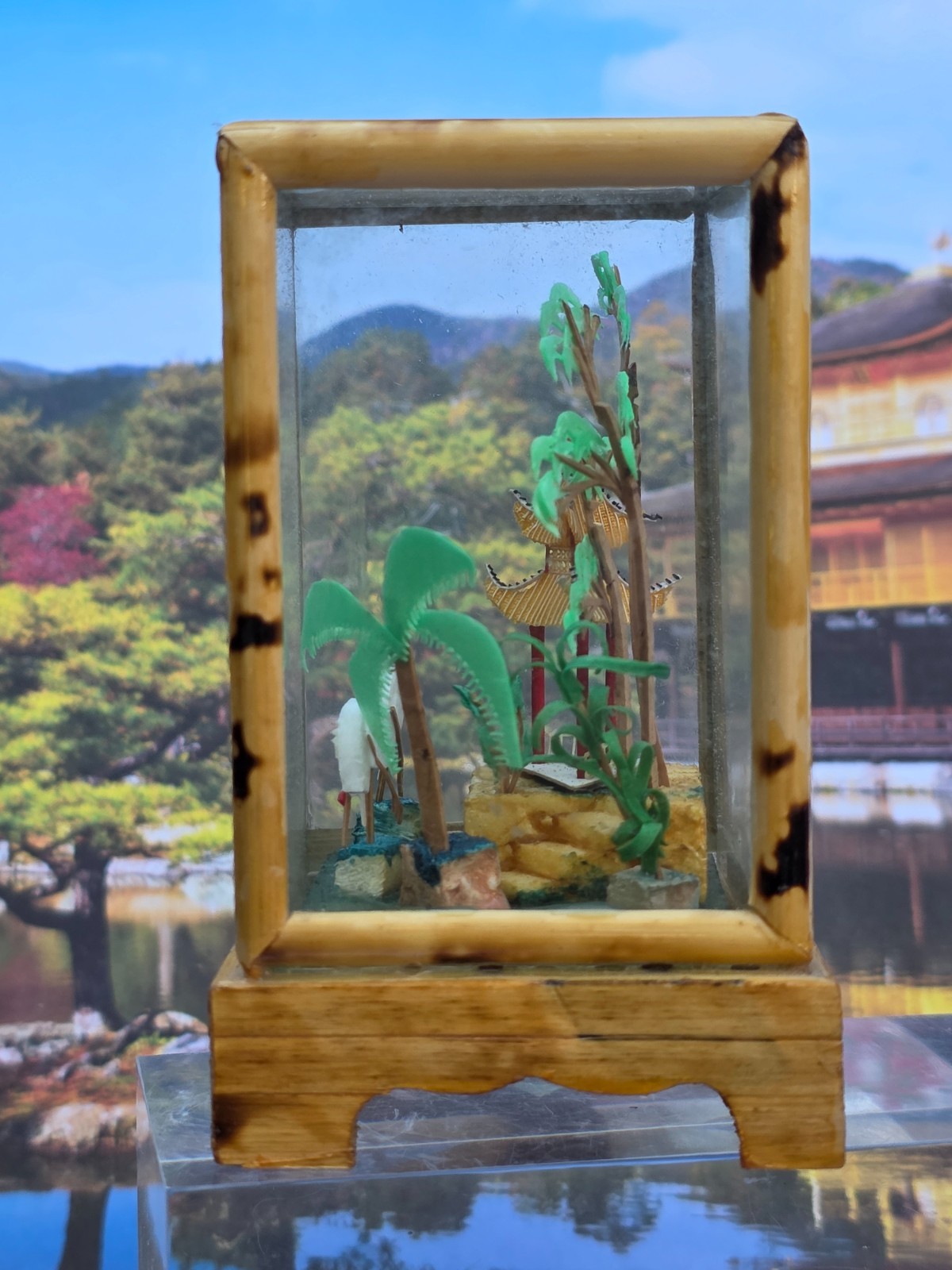 Vintage Carved Cork Chinese Miniature Diorama Shadow Box Cranes 3.75″T & 2.25″L