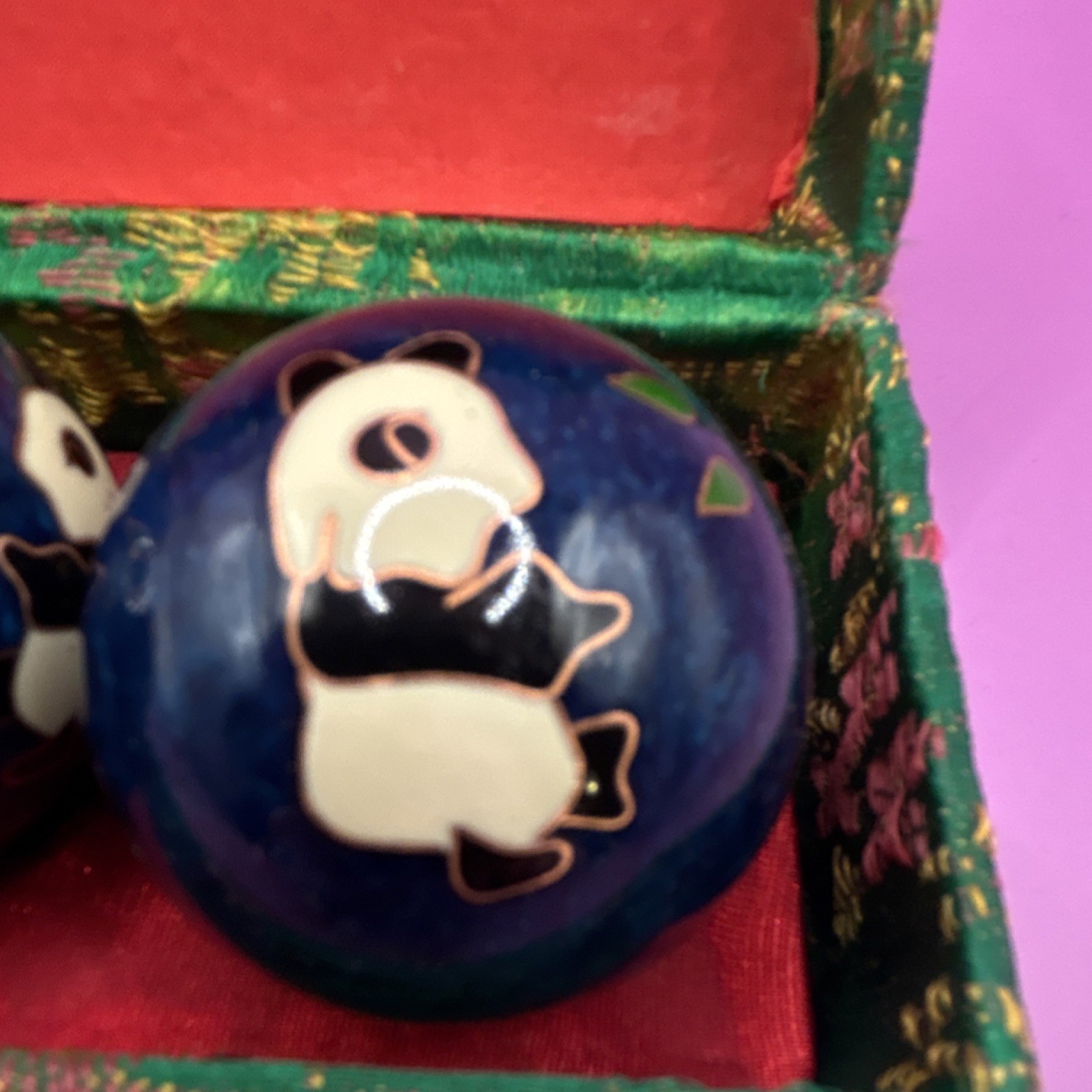 Chinese Panda Decorative Balls in Green Brocade Box, Ownership History N/A