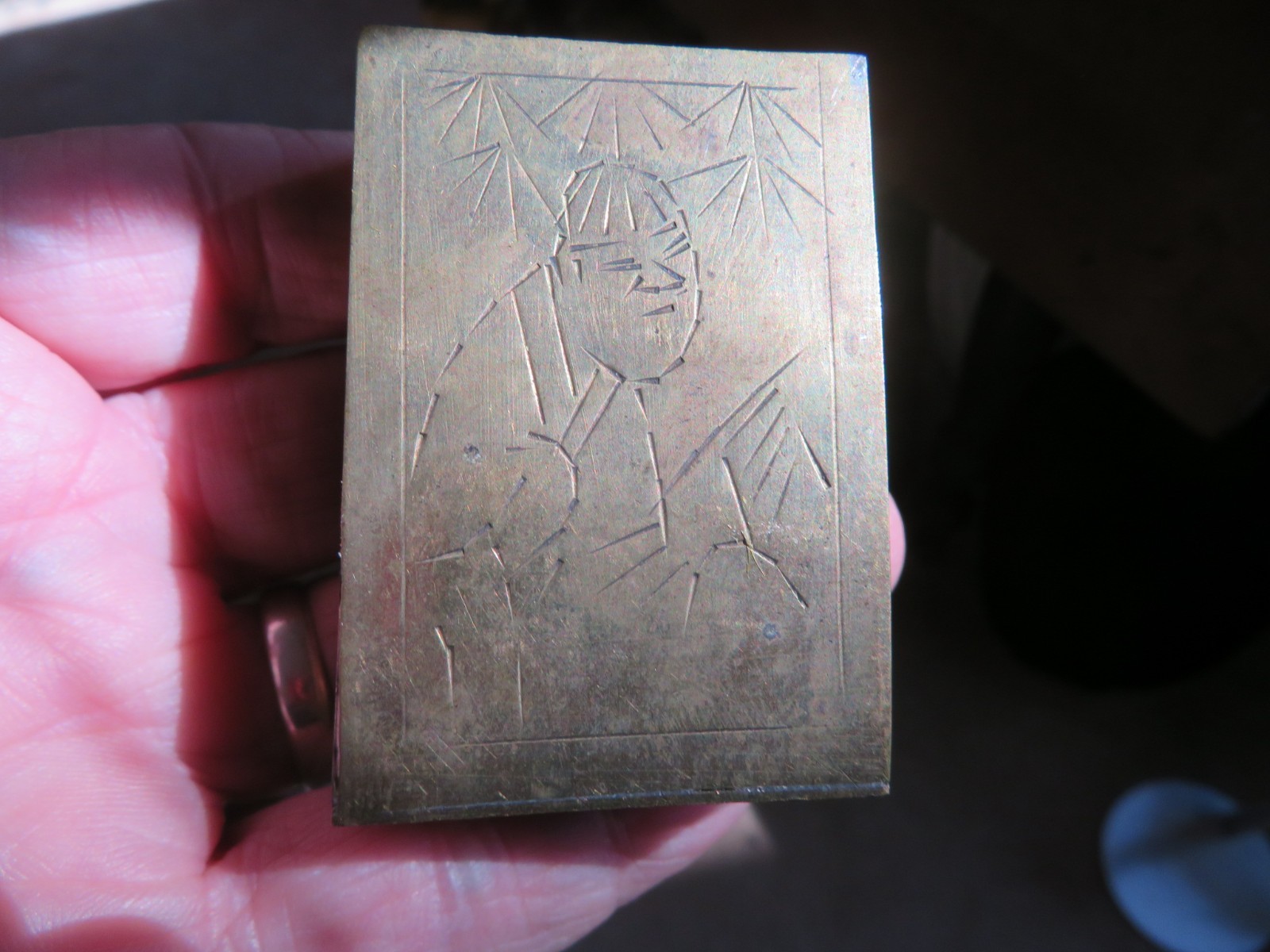 3 vintage Chinese Brass Matchbox Holder, Ashtray, Barrel Match Safe