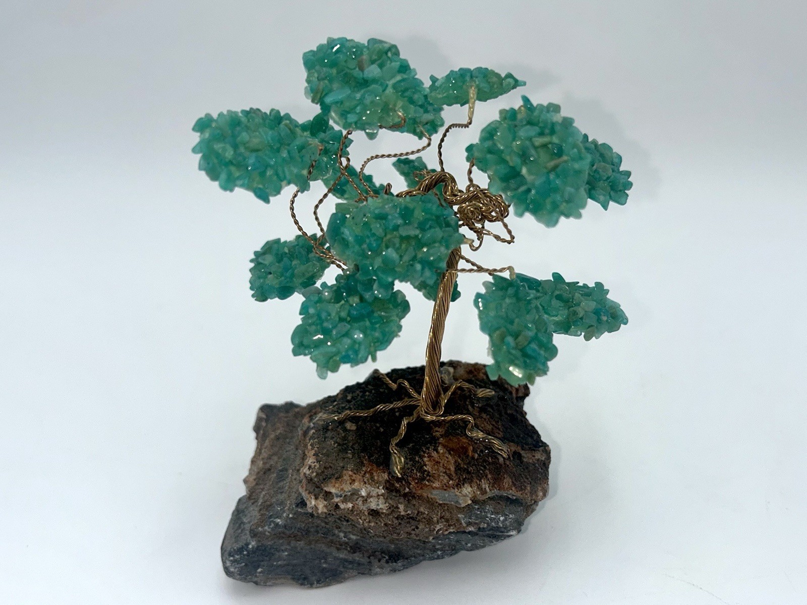 Vintage Crystal Bonsai Tree Sculpture Copper Wire on Natural Stone Base.