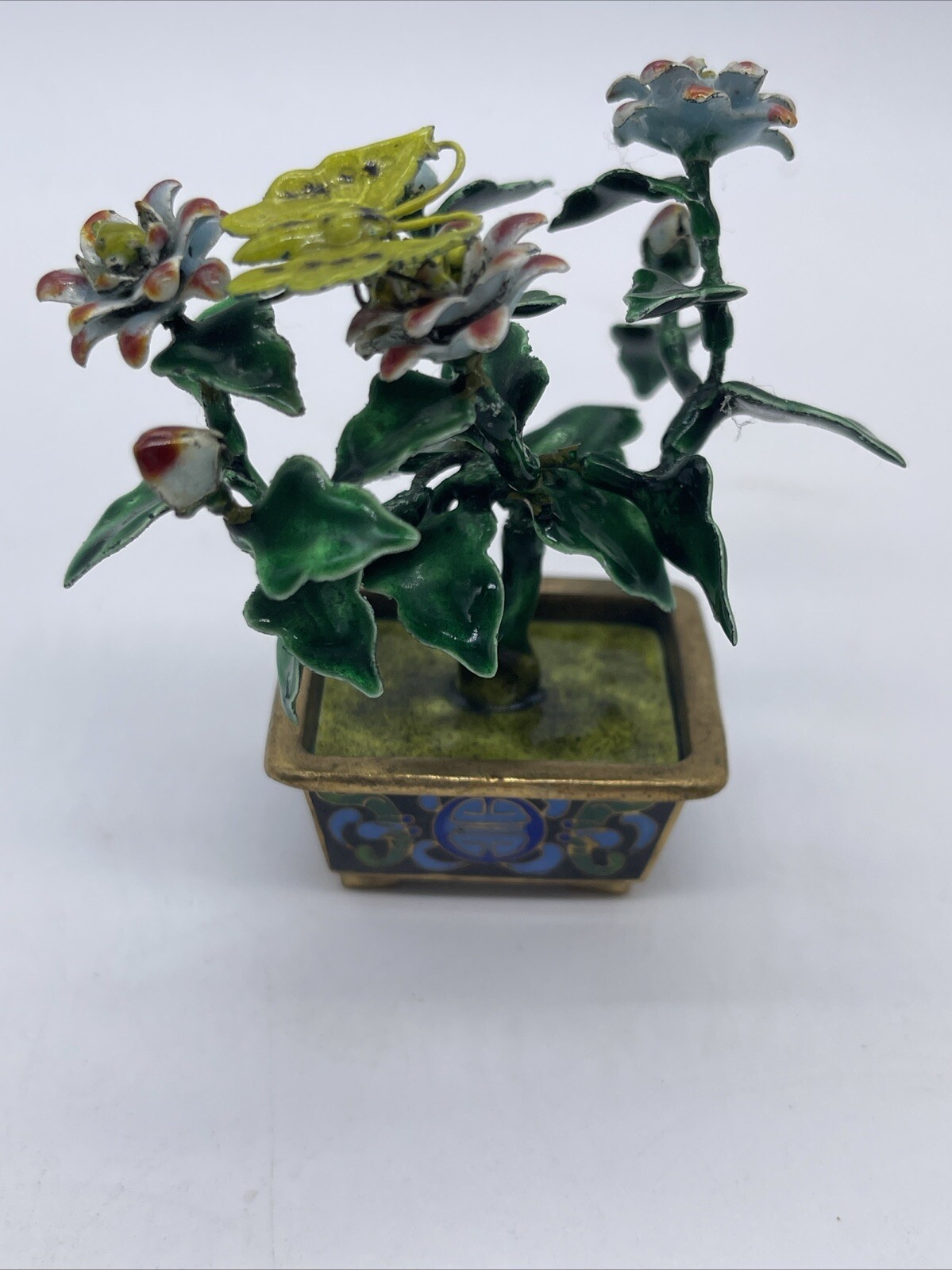 VINTAGE CHINESE METAL GUILLOCHE ENAMEL BONSAI TREE & FLOWERS with CLOISONNE POT