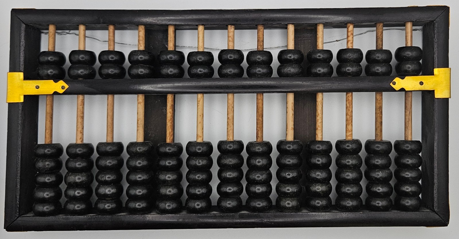 Vintage Chinese Wood Brass Abacus Lotus Flower Brand 13 Rod 91 Bead Suanpan Wall