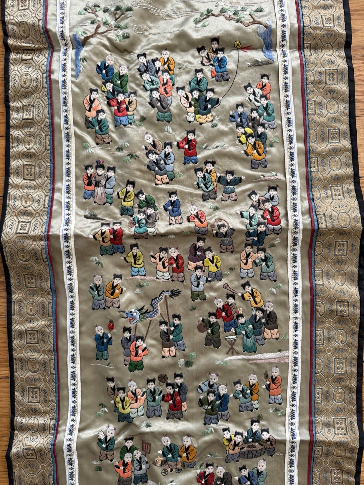 Chinese Embroidered Silk Textile Multicolor Rectangular with Children Motif