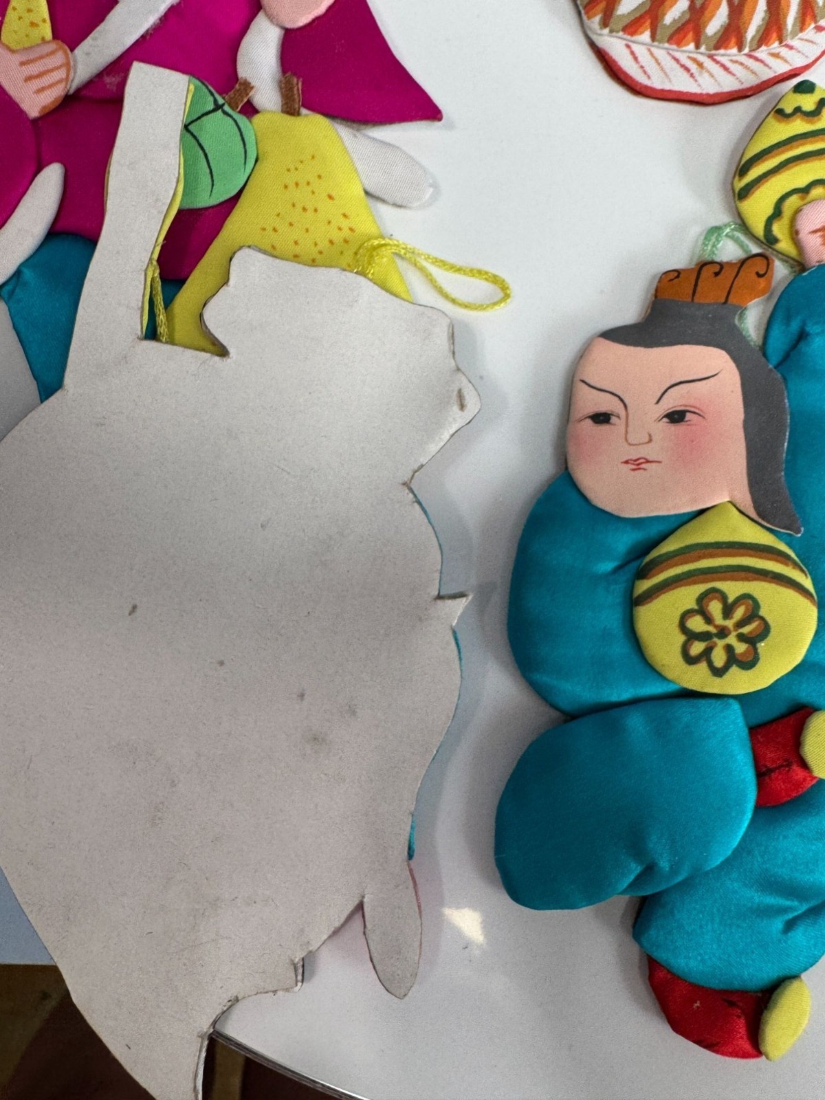 Set Of 6 Vintage Chinese Silk & Cardboard Ornaments Folk Figures 6″ No Box