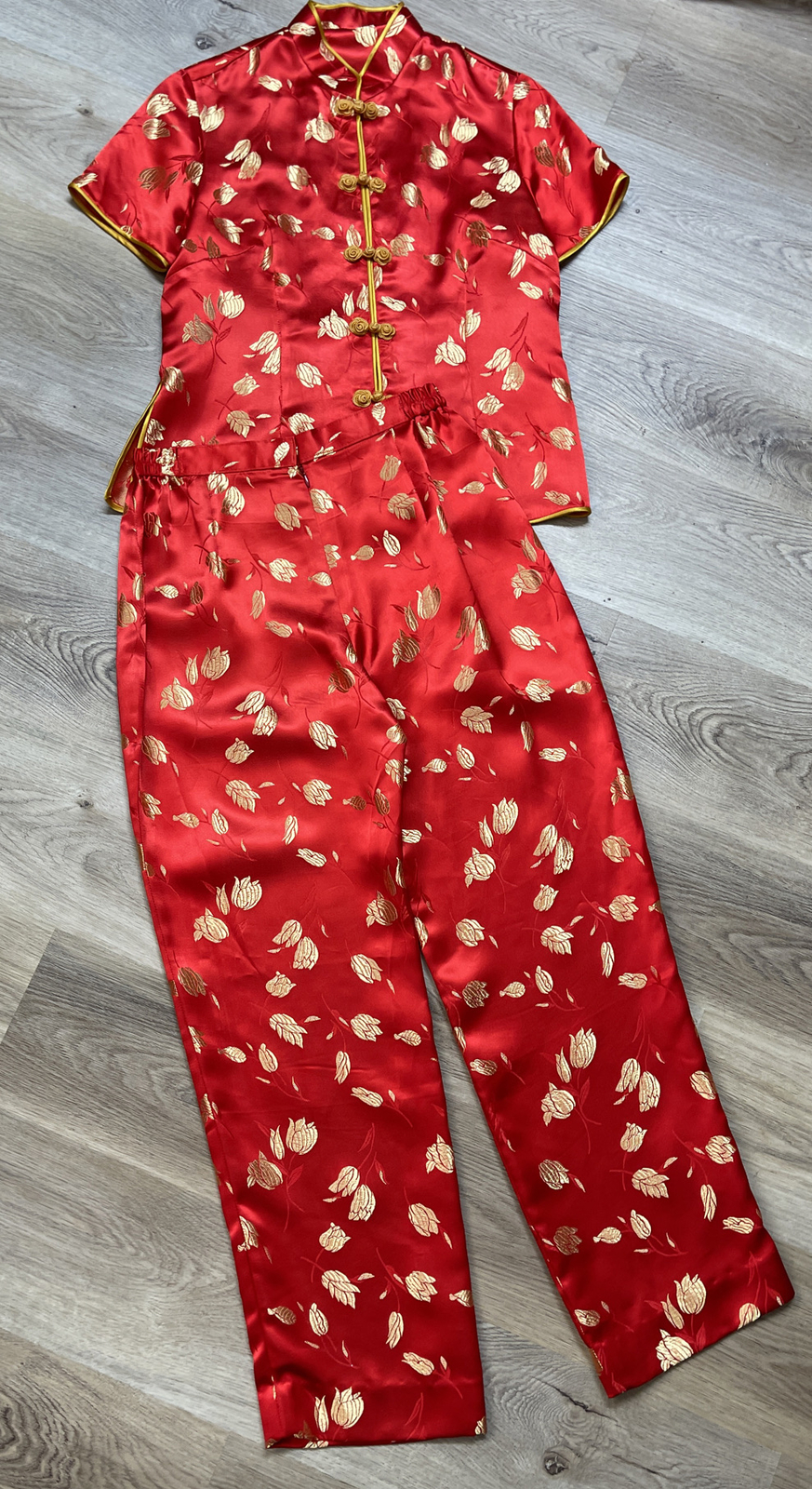 Chinese New Year Red Gold Silk Floral Top Zip Pant Outfit Womens Size M
