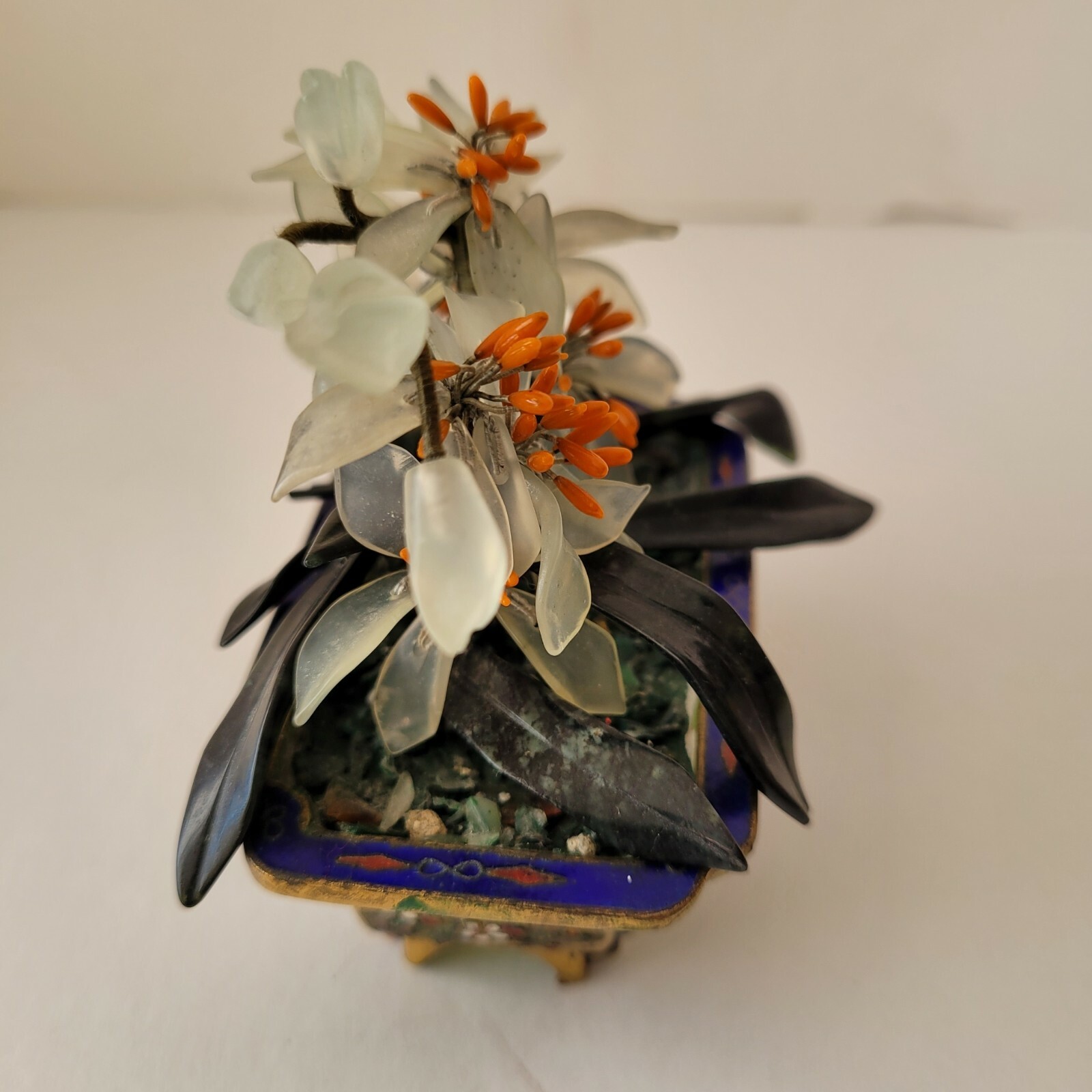 Stone Bonsai in Cloisonne Planter Flower Pot Quartz Jade