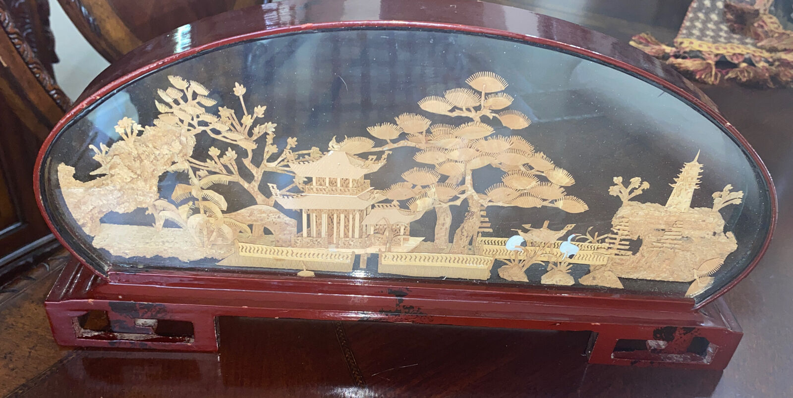 Vintage Large Chinese Cork Art In Glass Box Birds Garden Soothing Scenery 14” L