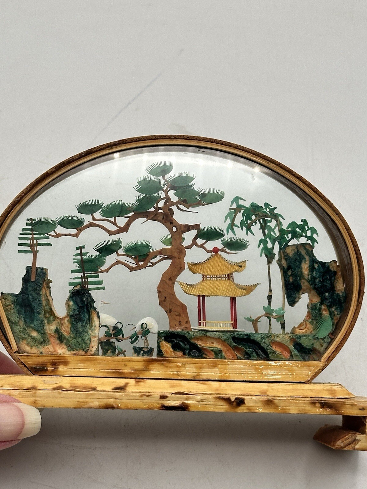 Vintage Oval Chinese Hand Carved Rock Cork And Paper Diorama Wood Tone Frame 3D