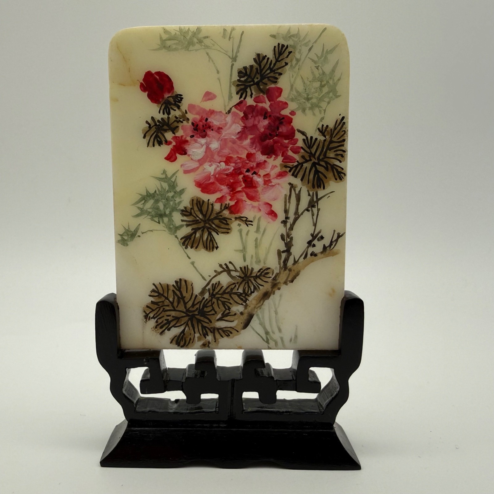 Vintage Chinese Hand Painted Marble Plaque Pink Blossoms Bamboo Wood Stand