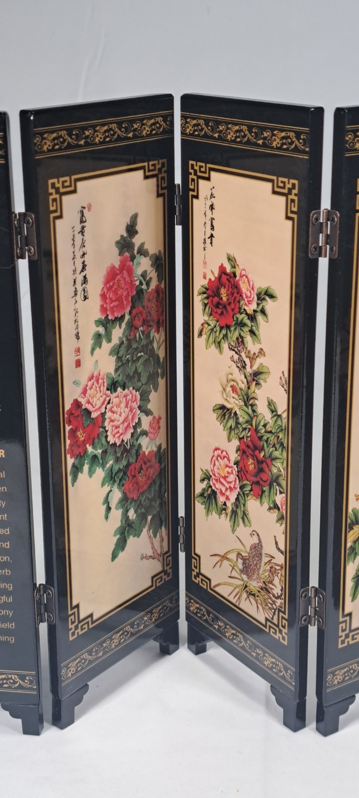 Lacquered Screen 6 Panel Floral Design Table Top Folding Chinese Screen