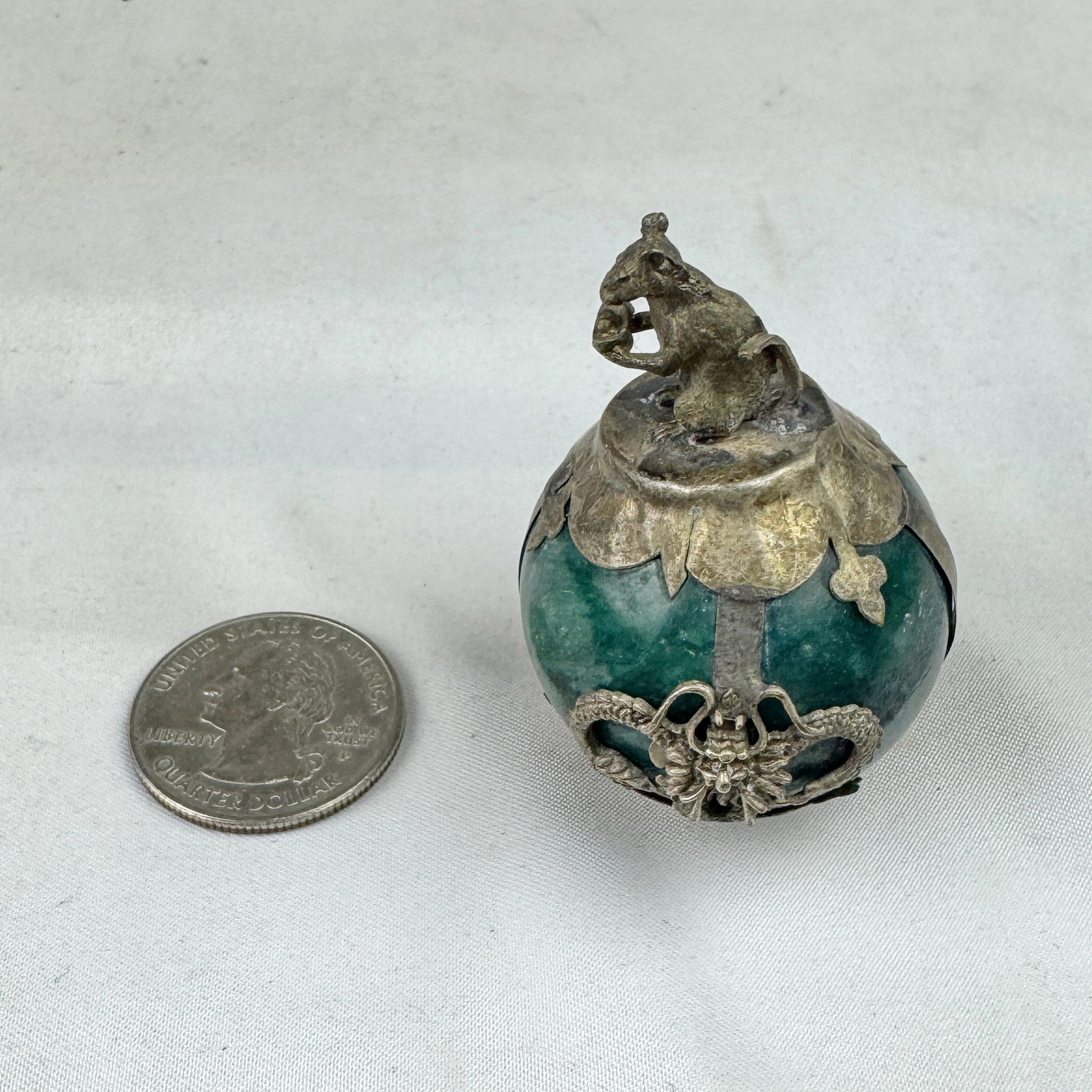 Vintage Chinese Zodiac RAT Green Marble Orb, Pewter/Tin Finial and Dragon Motif