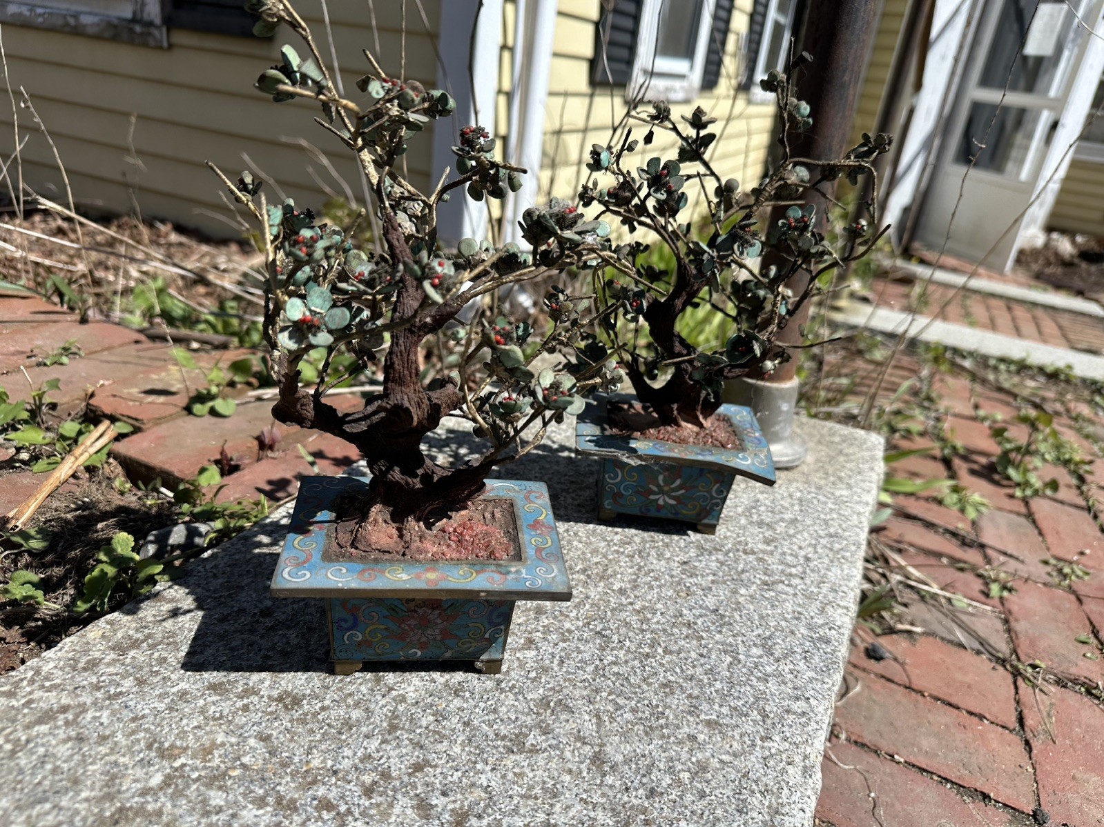 Vintage Pair of Chinese Hardstone Flower Bonsai Trees in Cloisonne Enamel Pots
