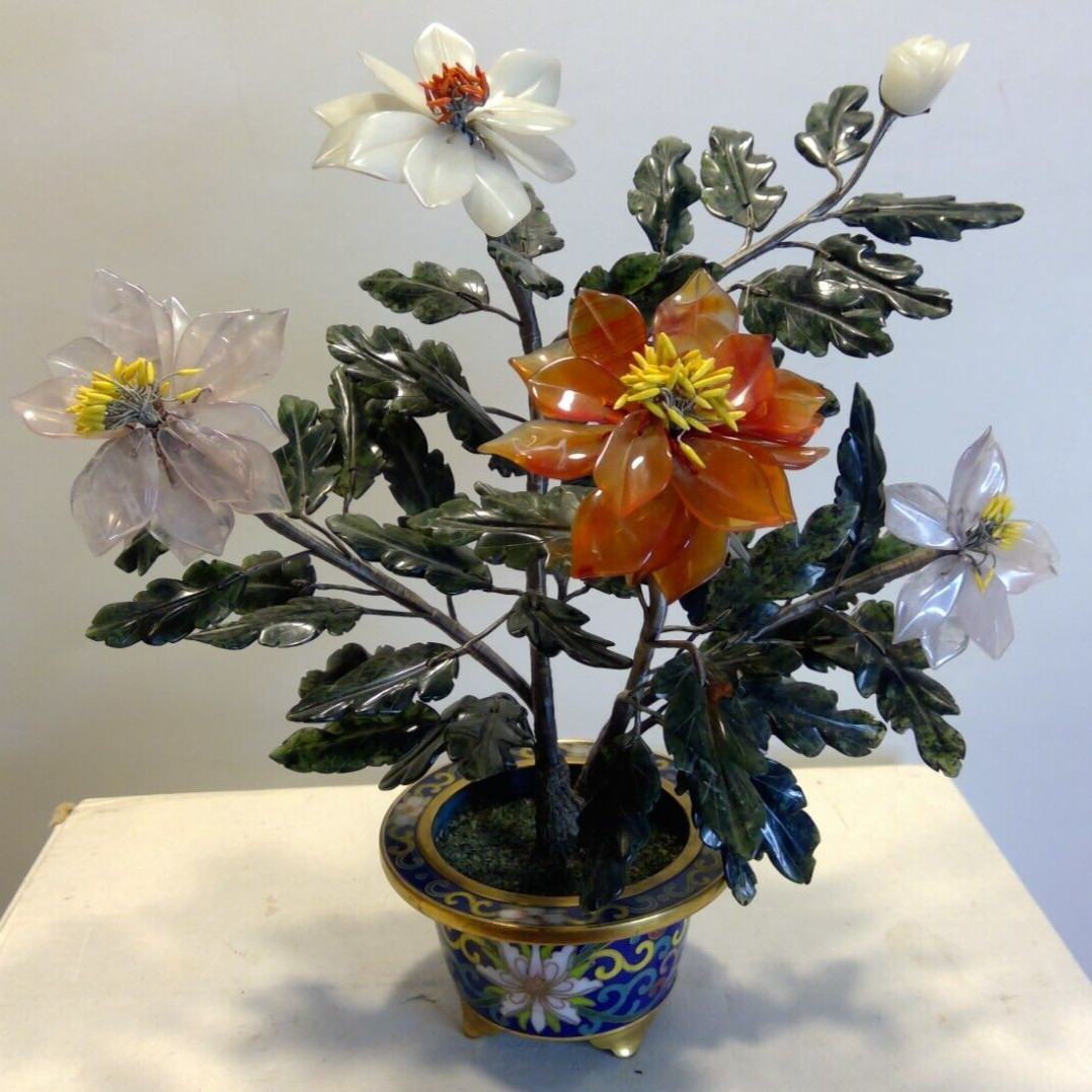 Vintage Chines Cloisonne Pot Bonsai Tree Craved Stone Flowers & Leaves 8″ Tall