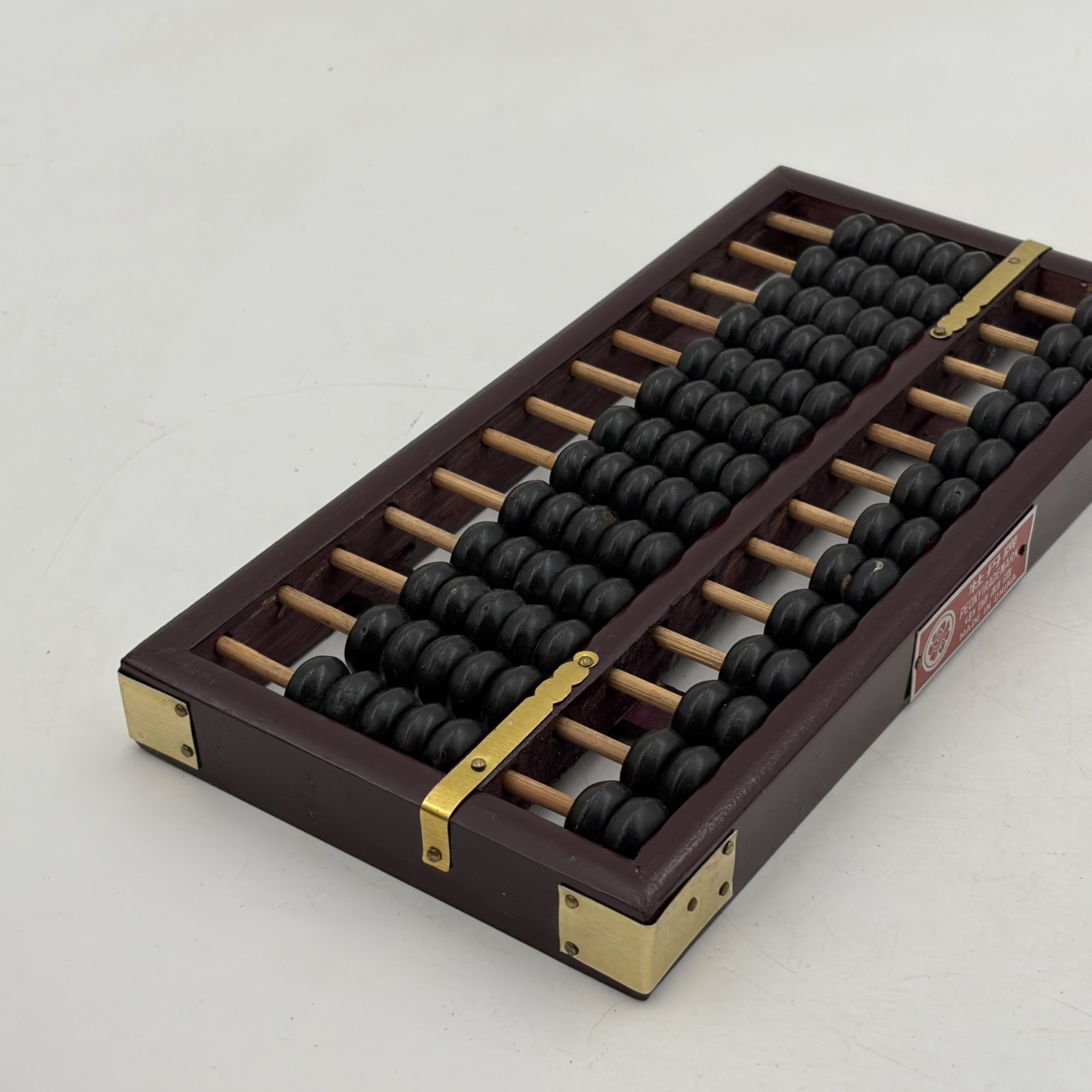 Vintage Chinese Abacus 13 Row 91 Bead Wood & Brass Lotus Flower Brand Calculator