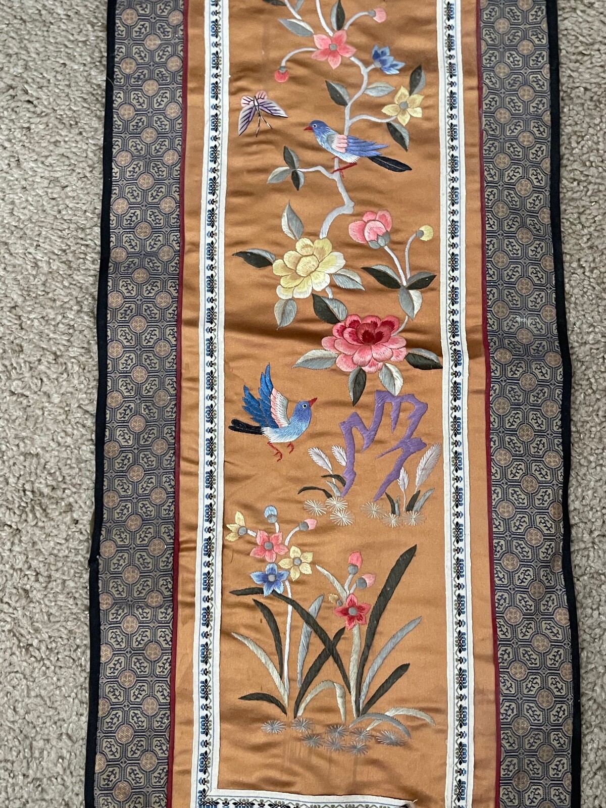Vintage Antique Chinese Silk Embroidered Textile w/ Birds Floral & Butterfly Dec
