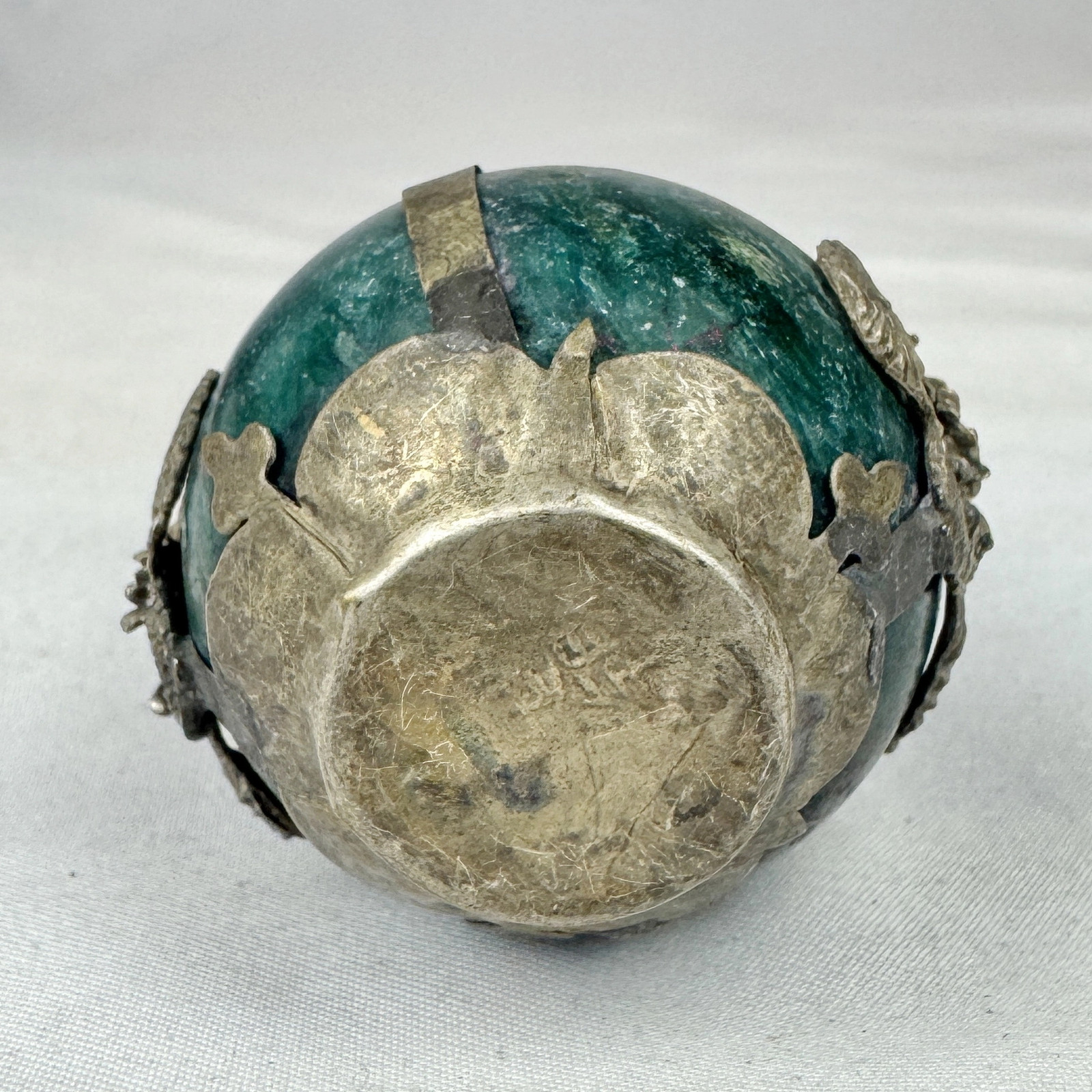 Vintage Chinese Zodiac RAT Green Marble Orb, Pewter/Tin Finial and Dragon Motif