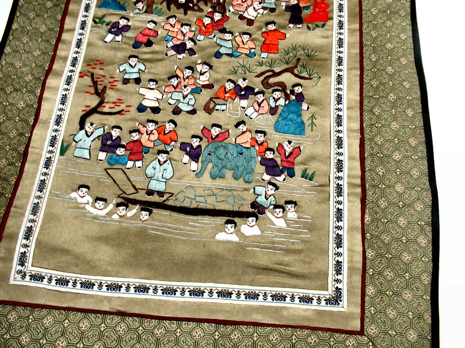 Vtg Oriental Silk Panel Hand Embroidered Scenes People Elephant, Boat, Etc.