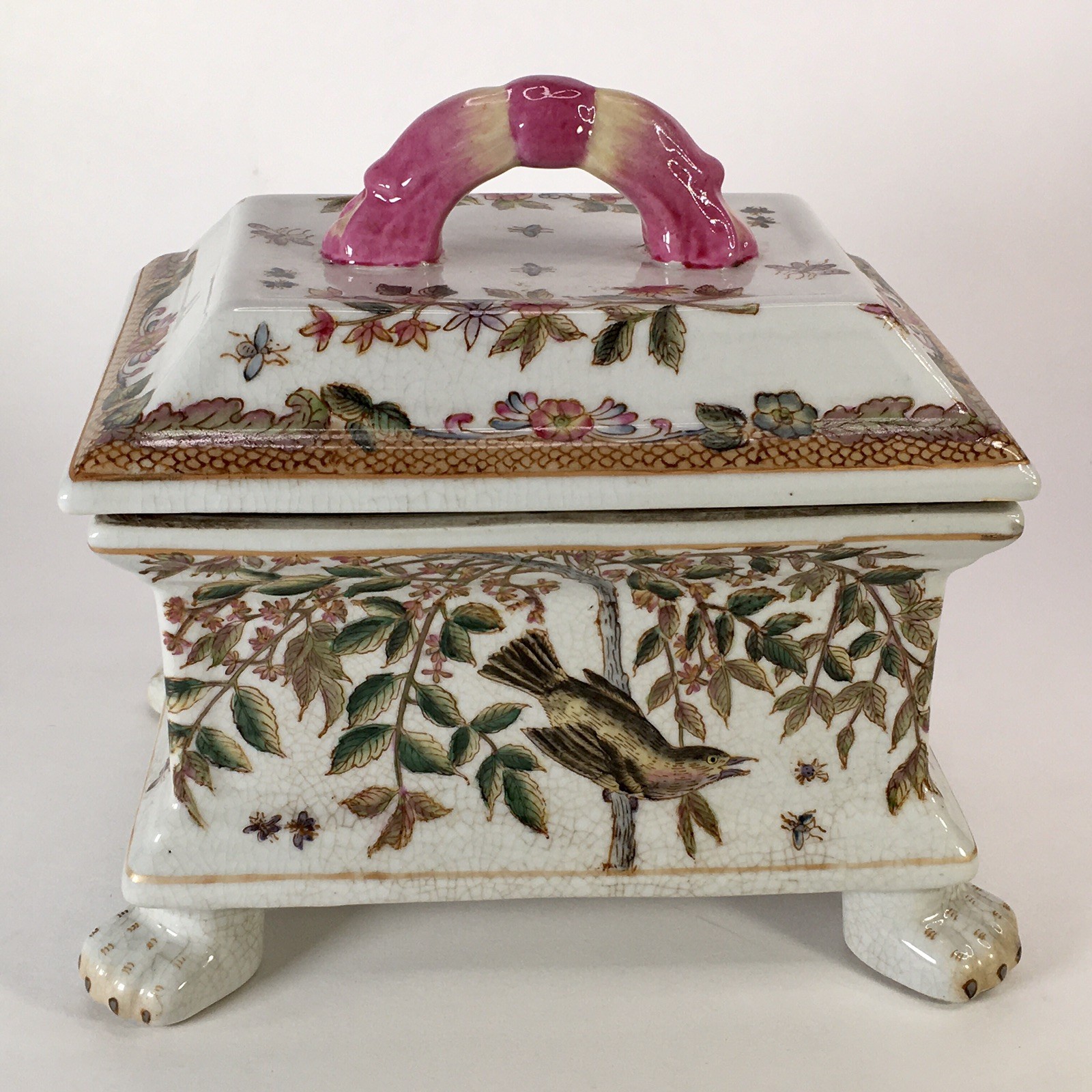 Vintage Hua Ping Tang Zhi Porcelain Chinese Bird Trinket Box Hand Painted