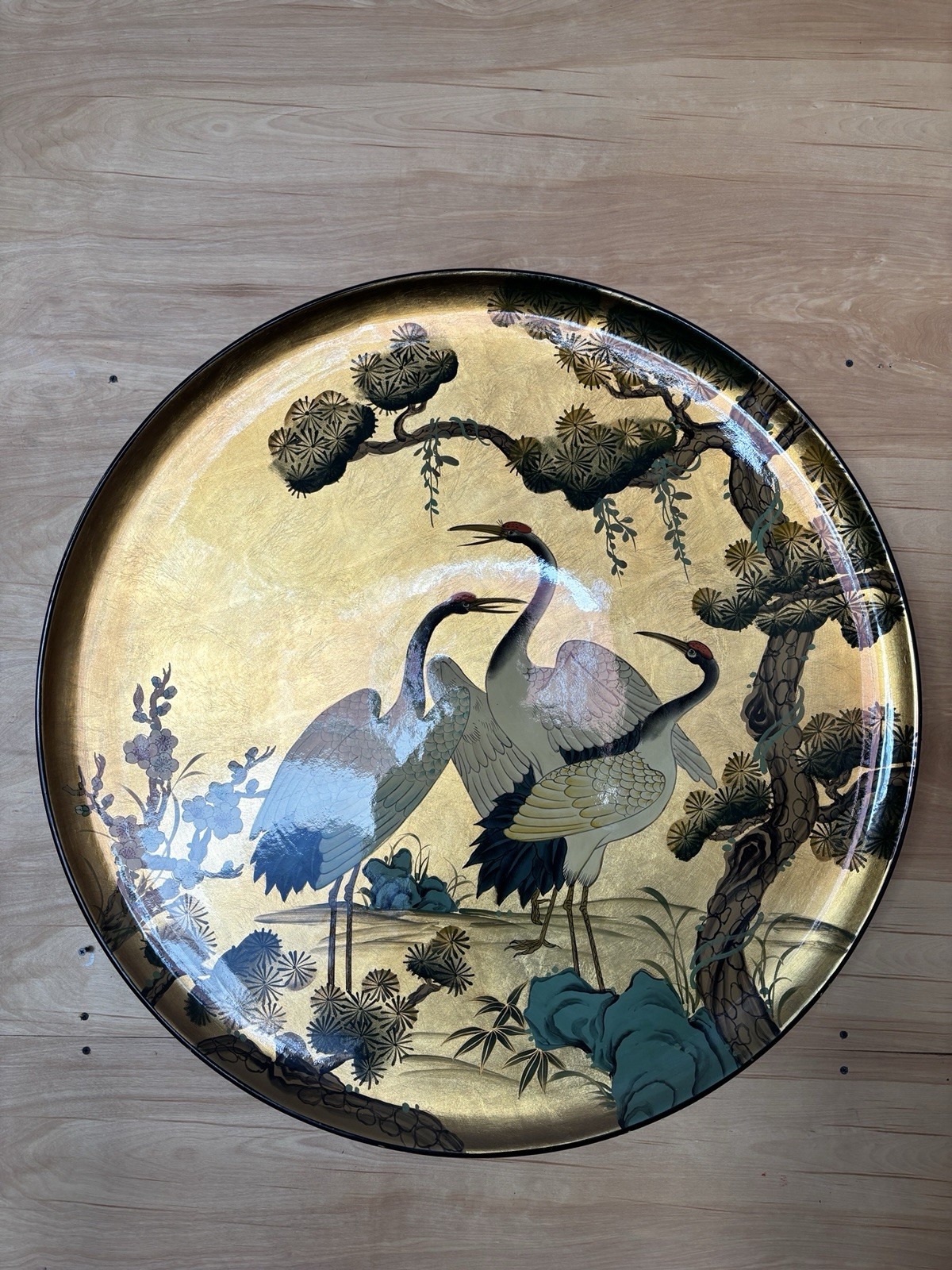 Vintage Chinese Lacquered Wood Painting Crane with Pine tree Display Tray