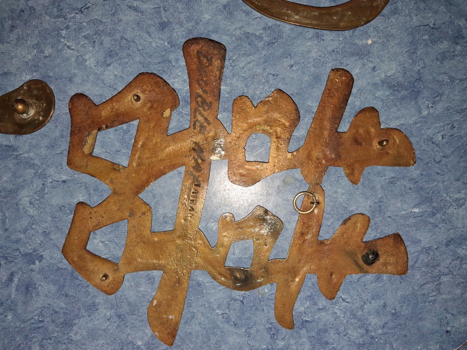 Vtg 8″ Chinese Solid Brass Symbols (6) Wall Hanging/Trivet-Long Life-Good Luck-