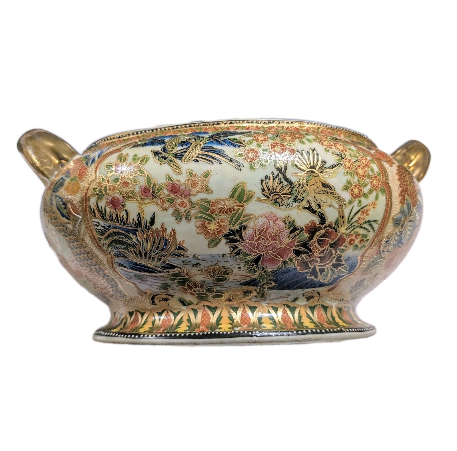 Large 14.5″ Gilded Vintage Chinese Tureen Birds Floral