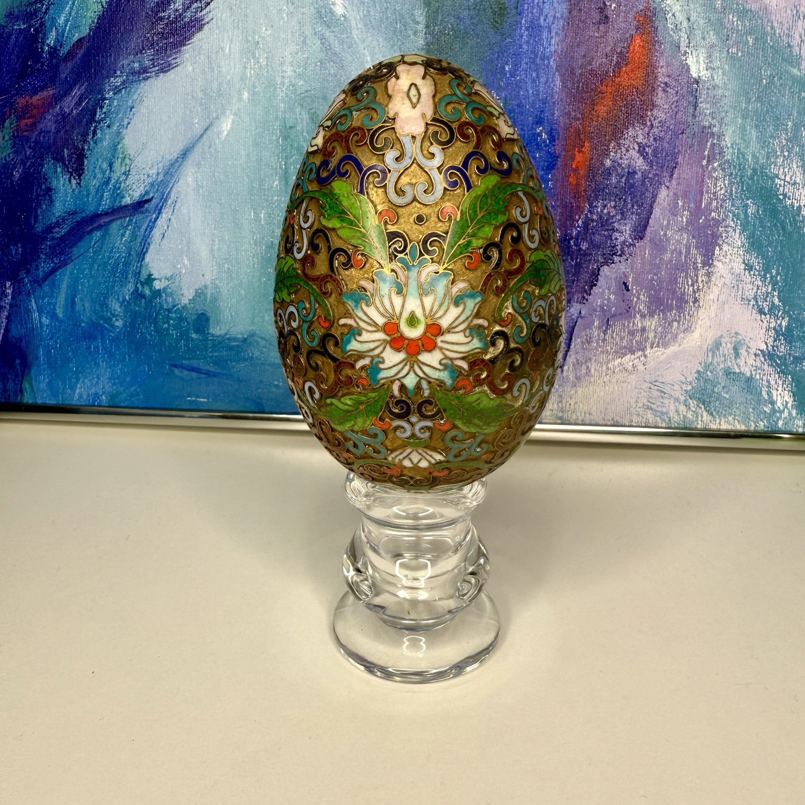 Chinese Cloisonné Metal Egg with Glass Display Stand Vintage Floral Enamel Lotus