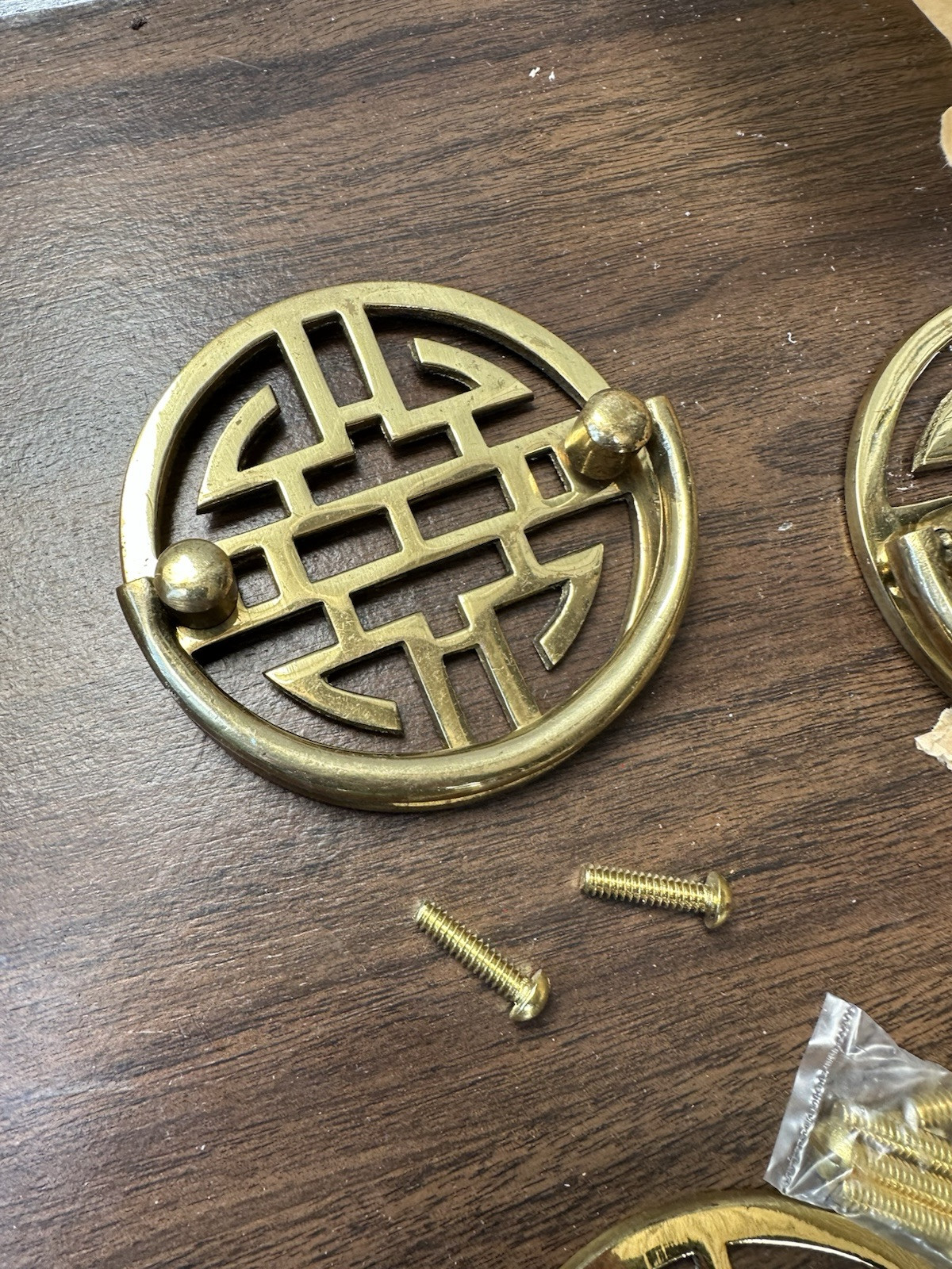 Vtg NOS Mid-Century 3.5” Solid Brass Chinoiserie Drawer Pull Door Knocker 12 Set