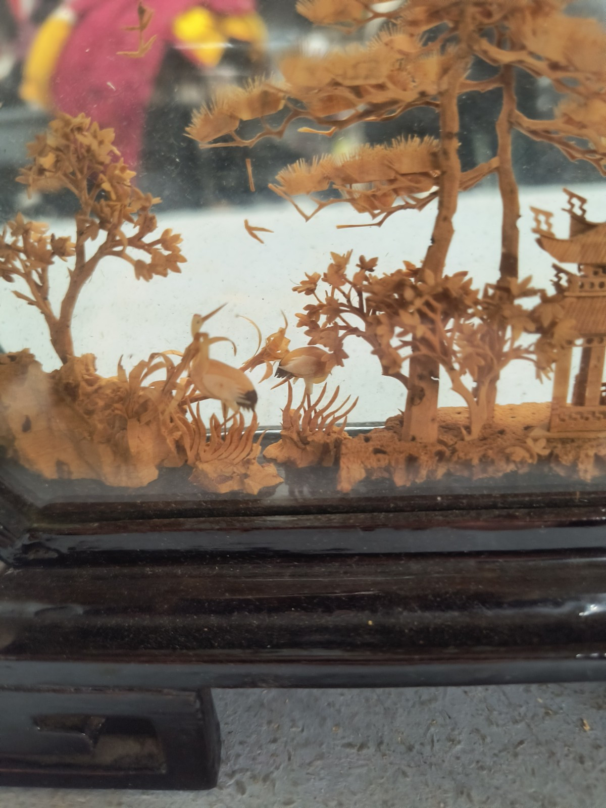 VINTAGE CHINESE SAN YOU DIORAMA CORK CARVING GLASS CASE PAGODA TREES & CRANES.