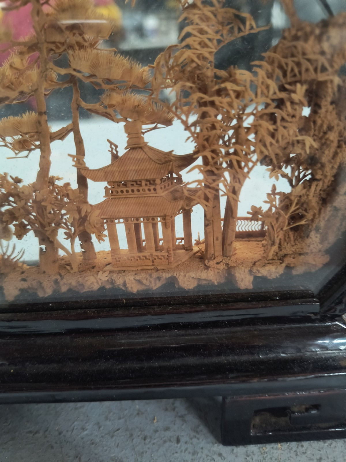 VINTAGE CHINESE SAN YOU DIORAMA CORK CARVING GLASS CASE PAGODA TREES & CRANES.