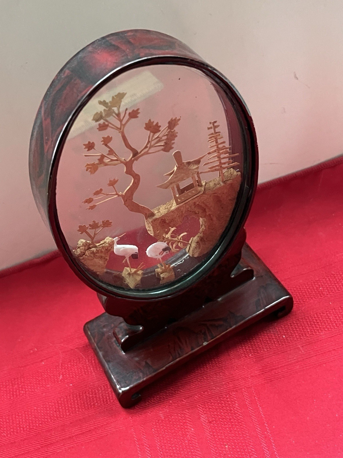 8” CHINESE 3D CARVED CORK ART DIORAMA OVAL GLASS SHOWCASE CRANES PAGODA TREES