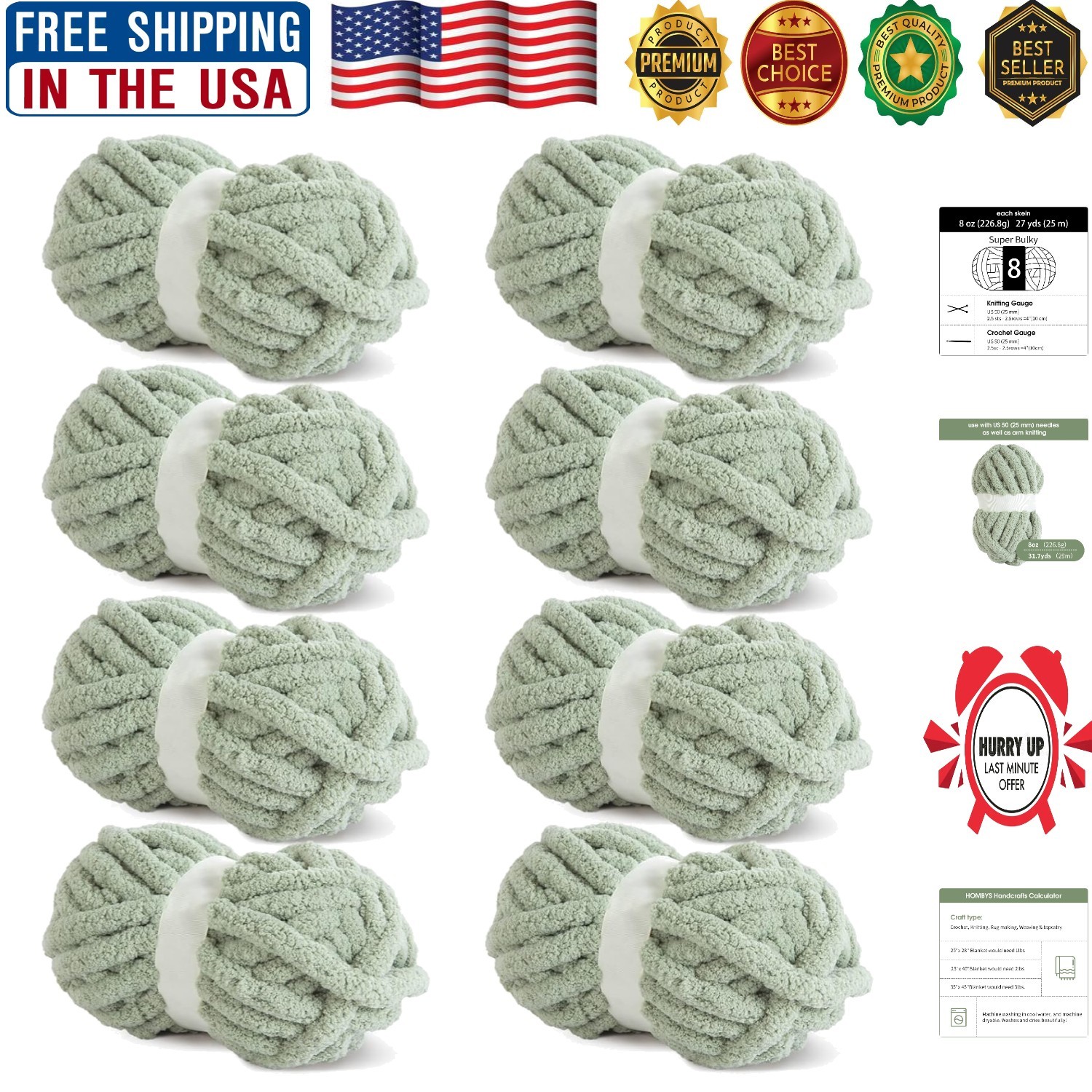 Soft Plush Sage Green Chenille Yarn – 8 oz Skeins for Easy Crafting and Knitting