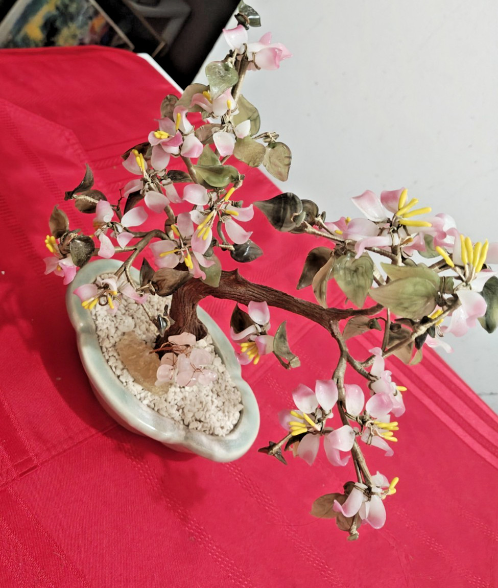 Multicolor Cherry Blossom Chinese Jade And Glass Flowering Bonsai Tree
