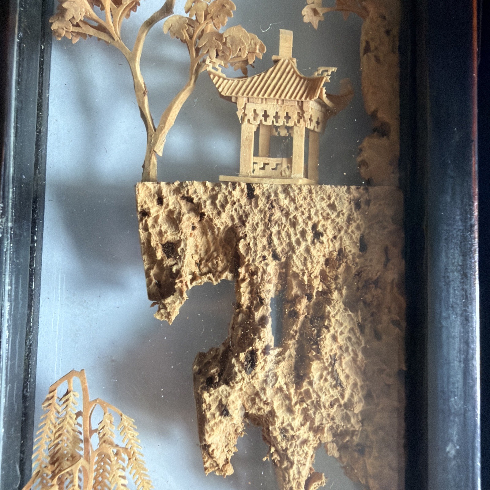 Vtg Chinese Cork Art Screen Folding 4 Panel Glass Pagoda Cranes Black Lacquer