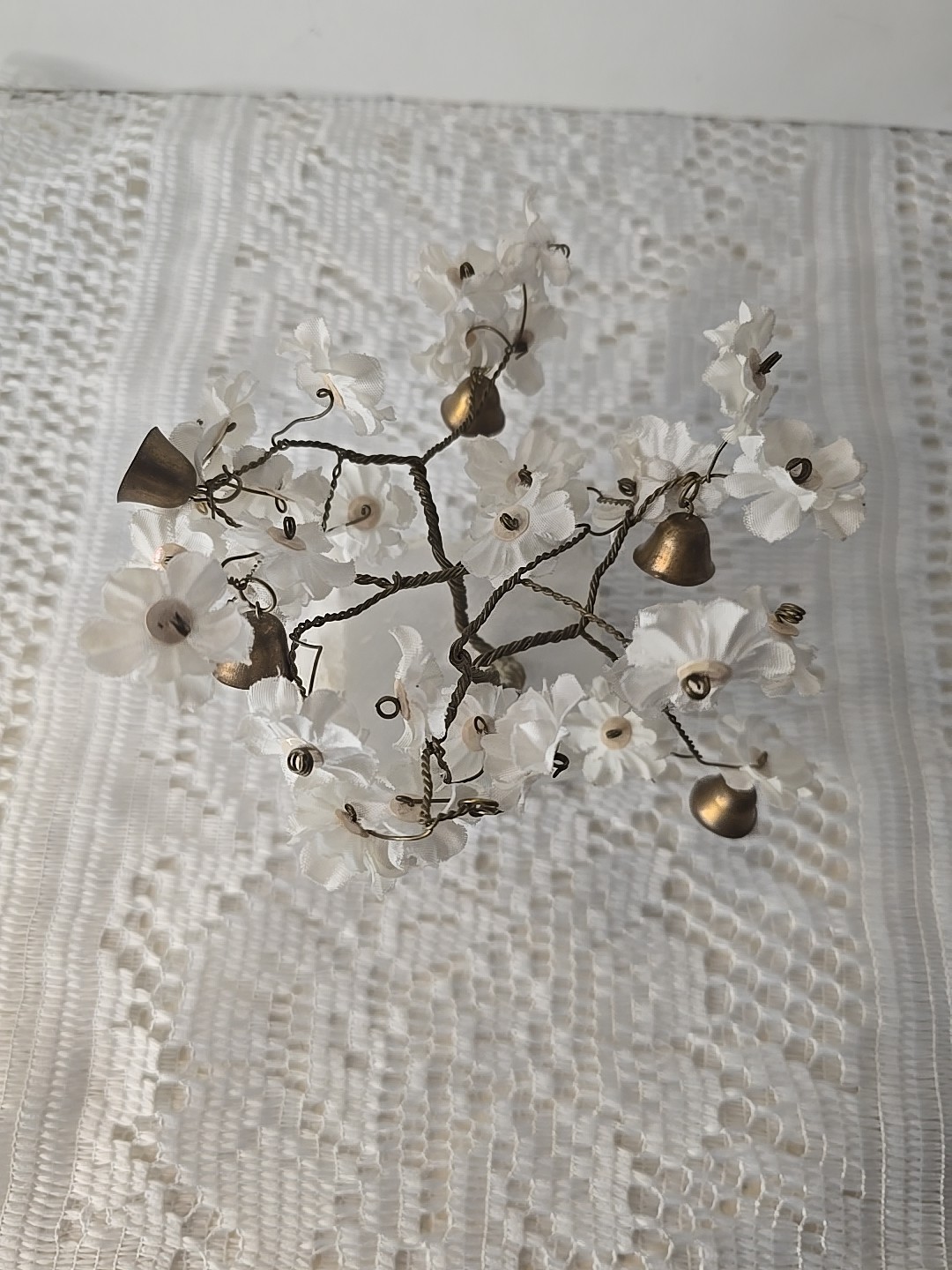 VTG Bonsai Prosperity Tree White Blossom Flowers Brass Bells Stone Base
