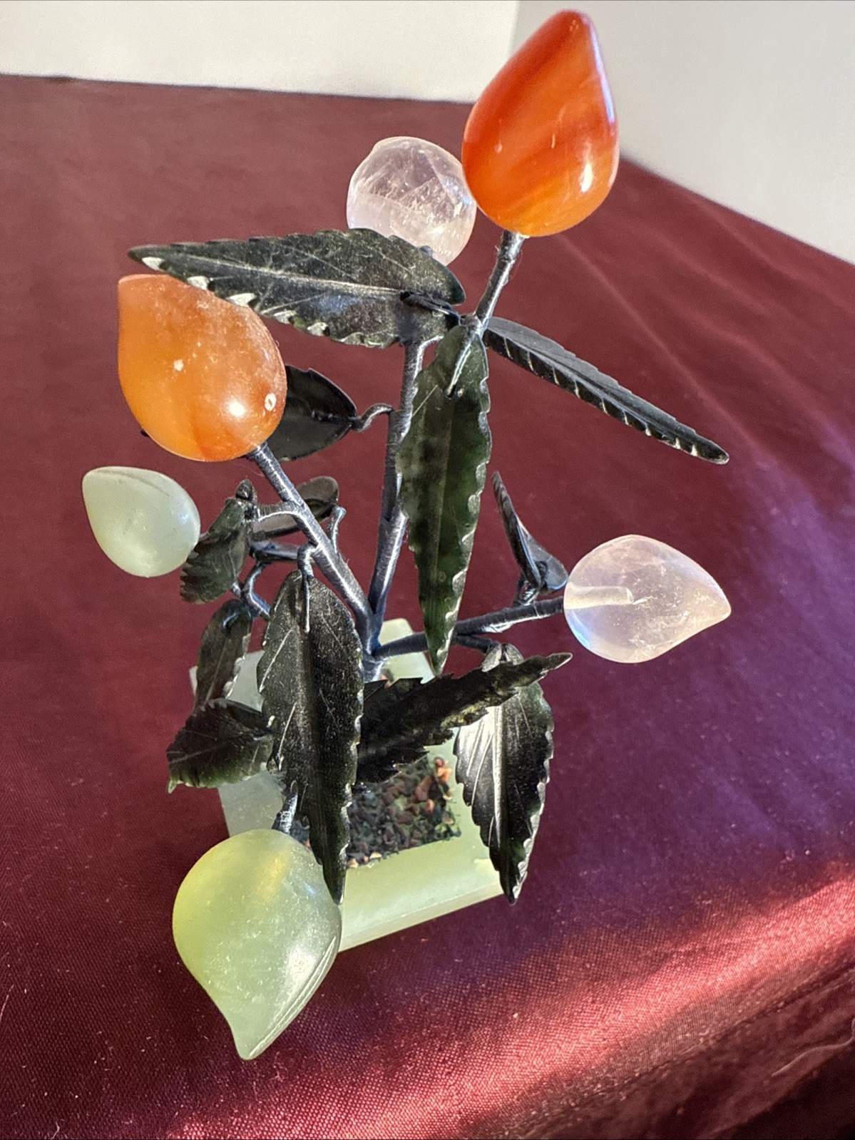 Vintage Jade & Gemstone Bonsai Tree – Carnelian Rose & Jade Floral Sculpture 5″
