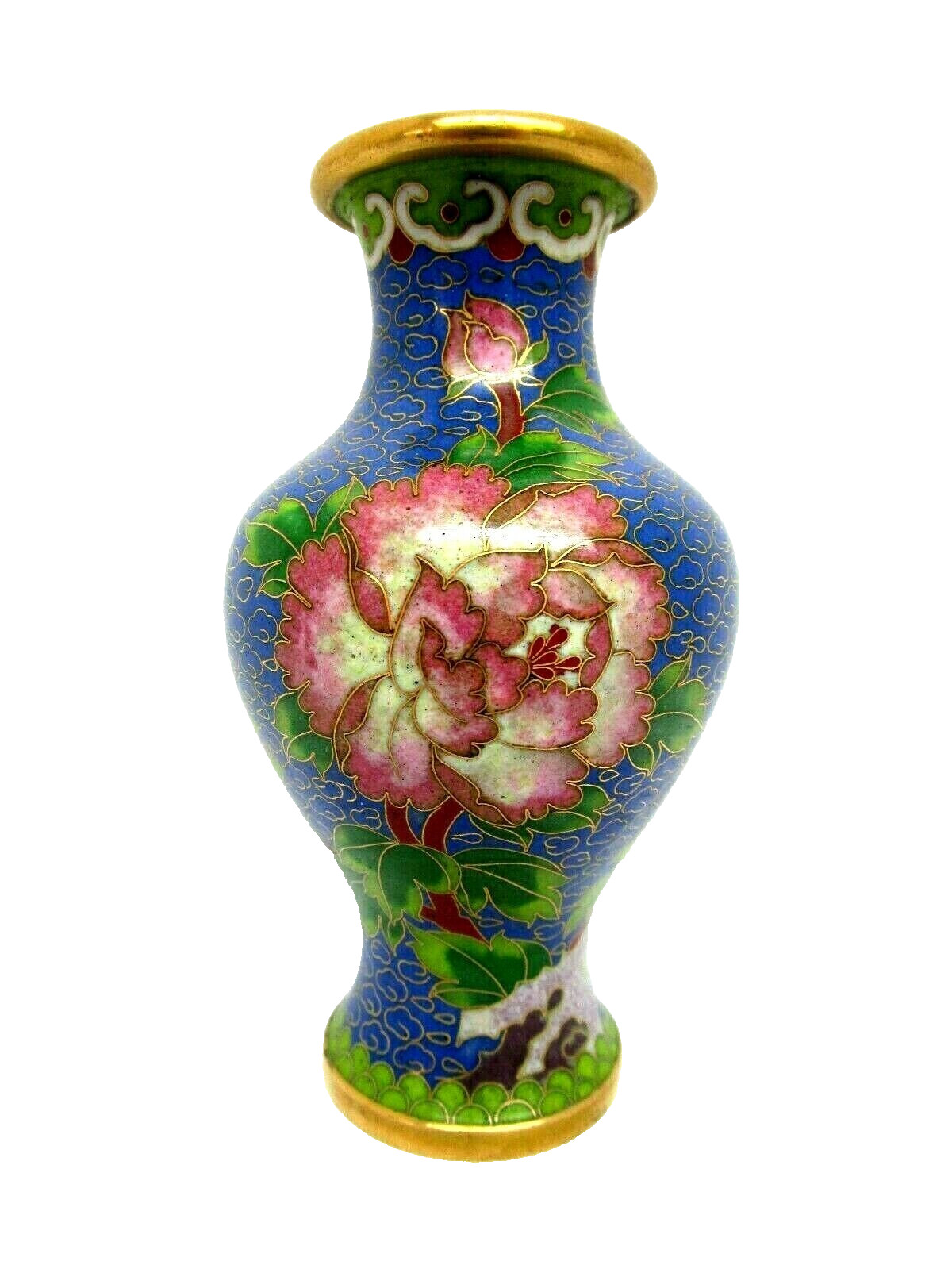 Small Vintage Cloisonne Asian Vase Blue with Floral Pattern Brass Accents 5 inch