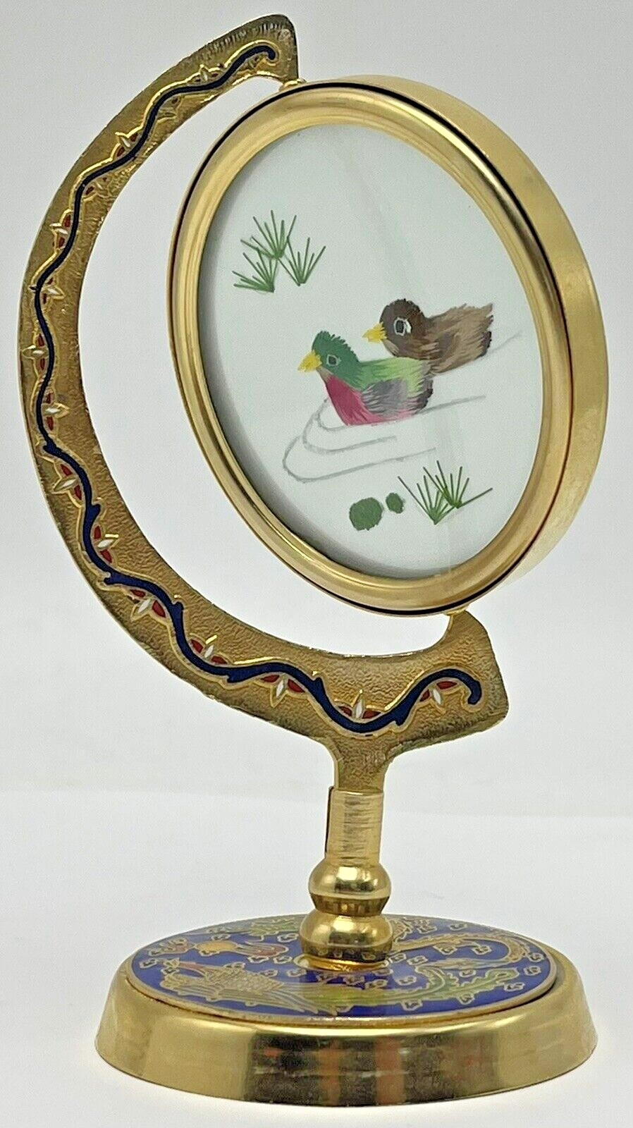 Asian Embroidered Silk Ducks in Brass Cloisonne Rotating Frame Painted Enamel