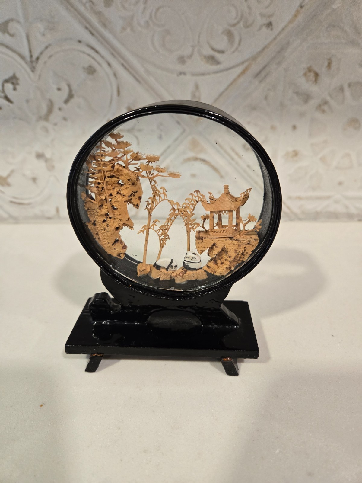 Vintage Chinese Hand Carved Cork Diorama with Pandas – 5.25″ in hgt by 4″ base