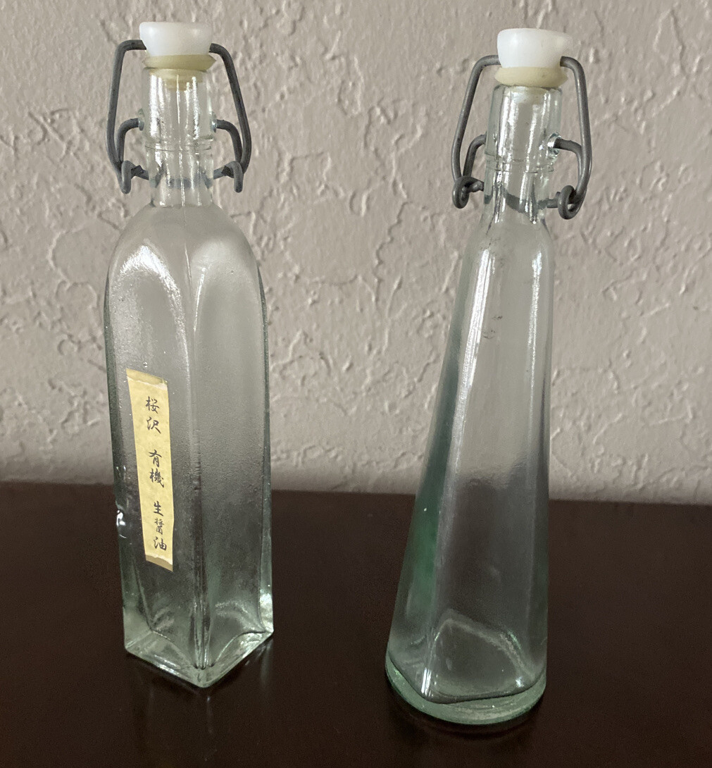 Vintage 2 Japanese Chinese Asian Glass Soy Bottles 70s- 80s Restaurant Not Used