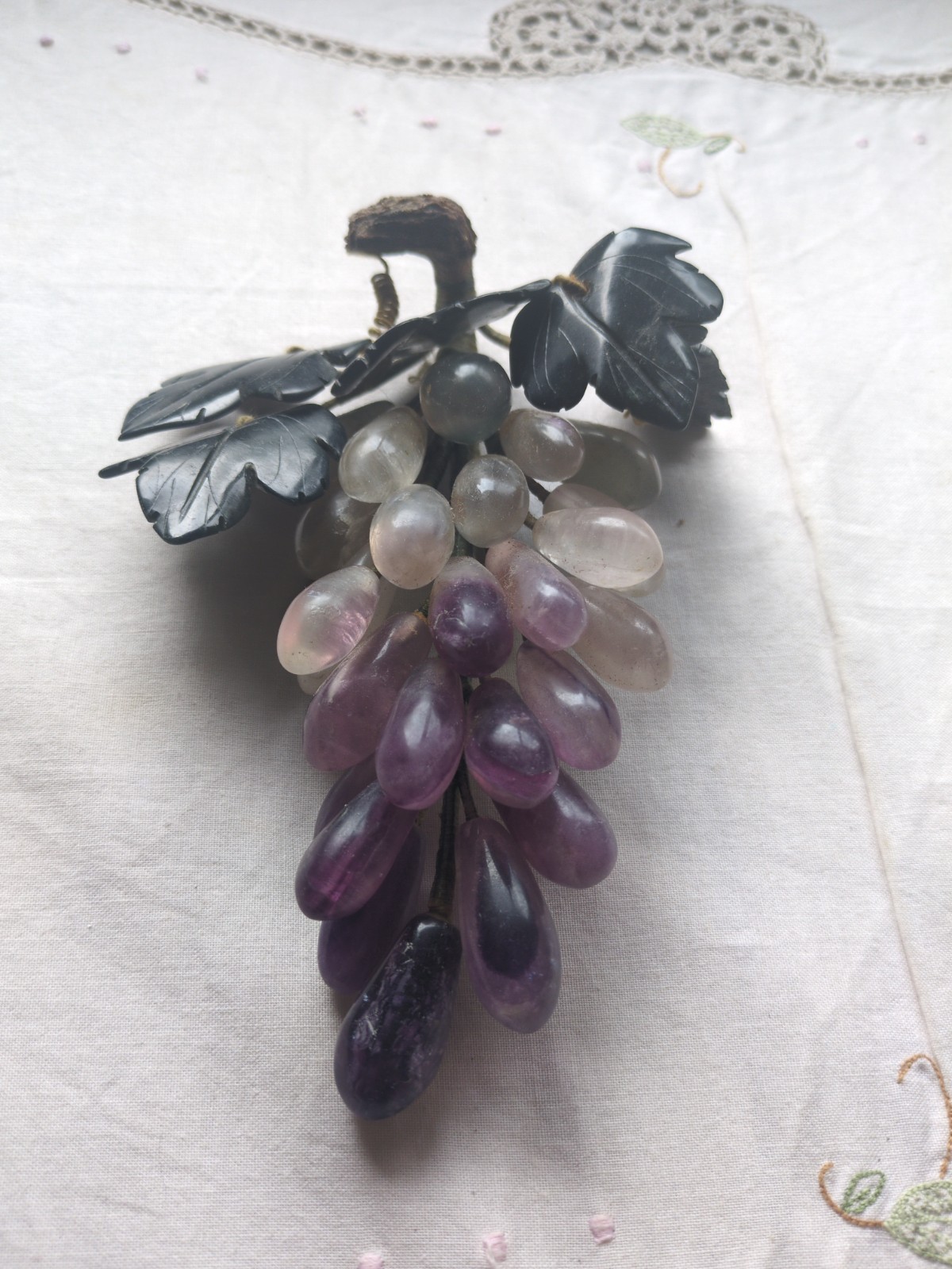 Vintage Chinese Carved Rose-Quartz, Amethyst Grape Cluster With Jade Leaves 7″