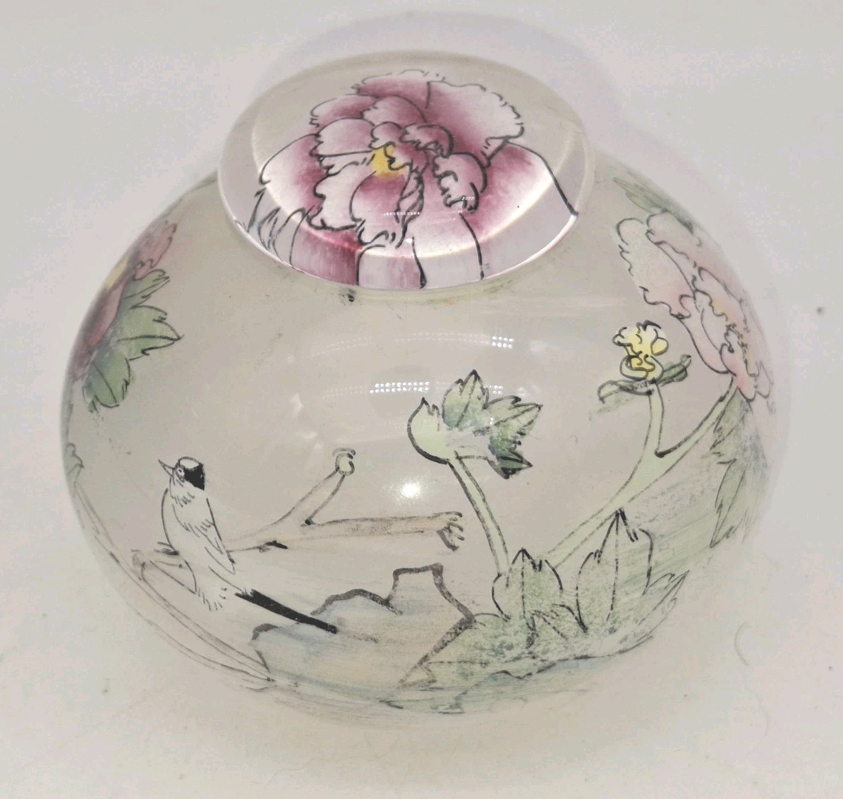 Vtg Reverse Painted Floral Garden Frosted Glass Snuff Bottle w Lid